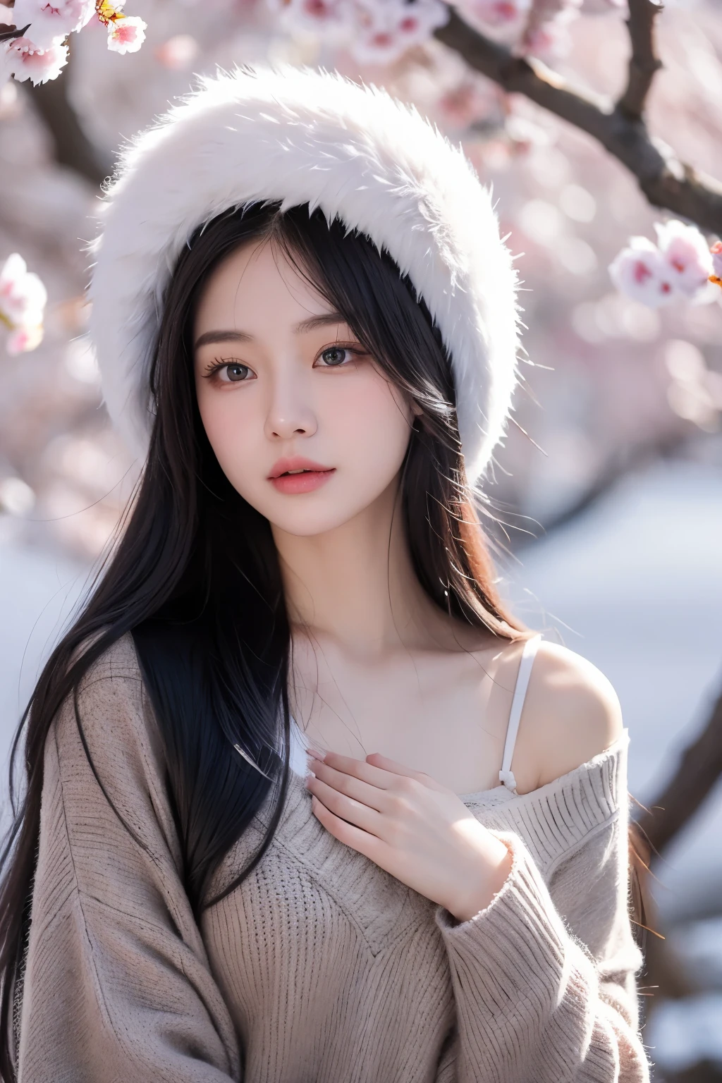 An 18-year-old Chinese beauty,winter,sexy,long black hair,Color flows across her face,chest,a ray of light,Warm winter clothes,student,Plum blossom background