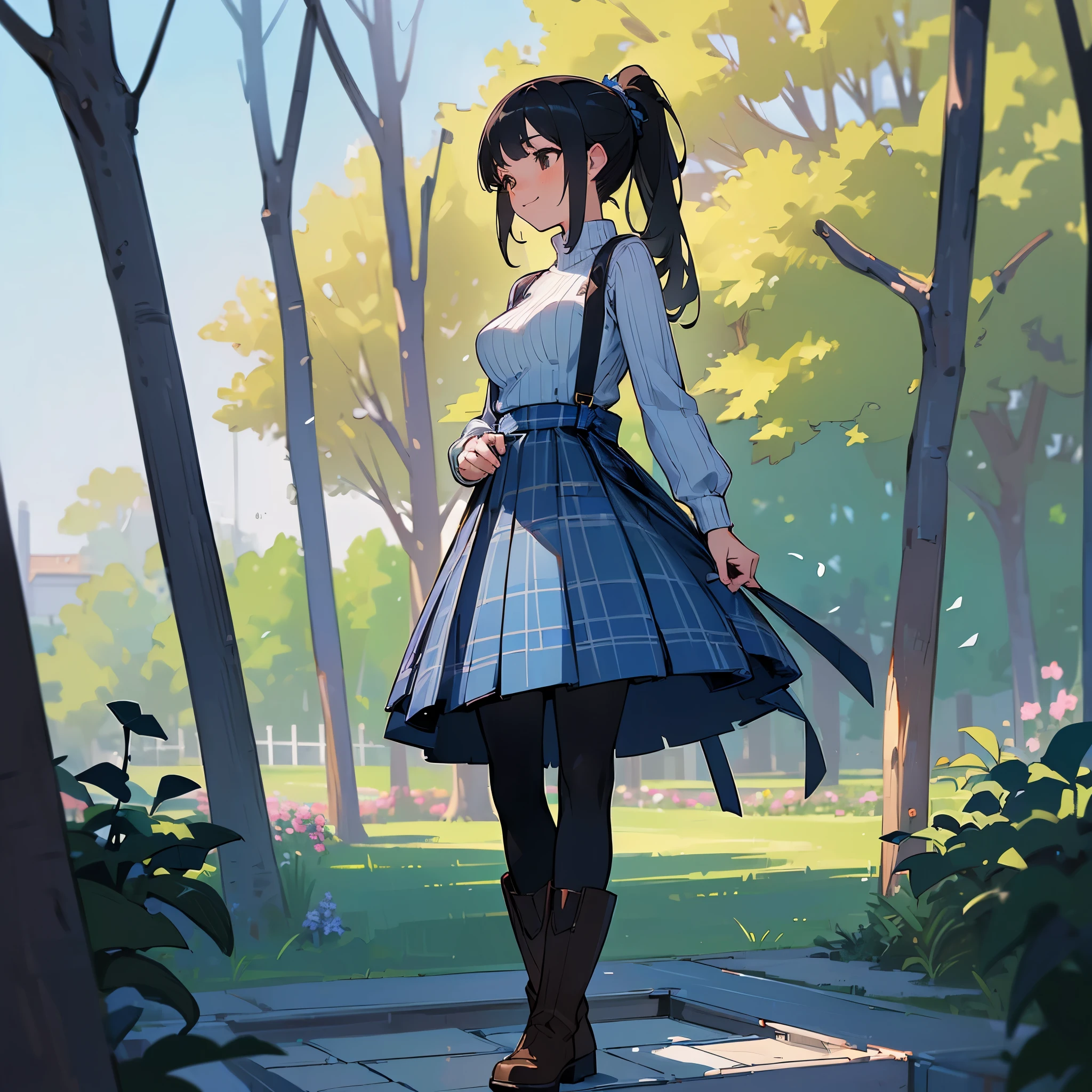 (high quality, high resolution, Super detailed, Reality:1.37), peaceful atmosphere, (outdoor, garden), Teenage girl standing alone, (My breasts are big.), Beautiful detailed features, cute smile, (black hair ponytail), ribbed sweater, blue plaid skirt, Black tights, brown boots.