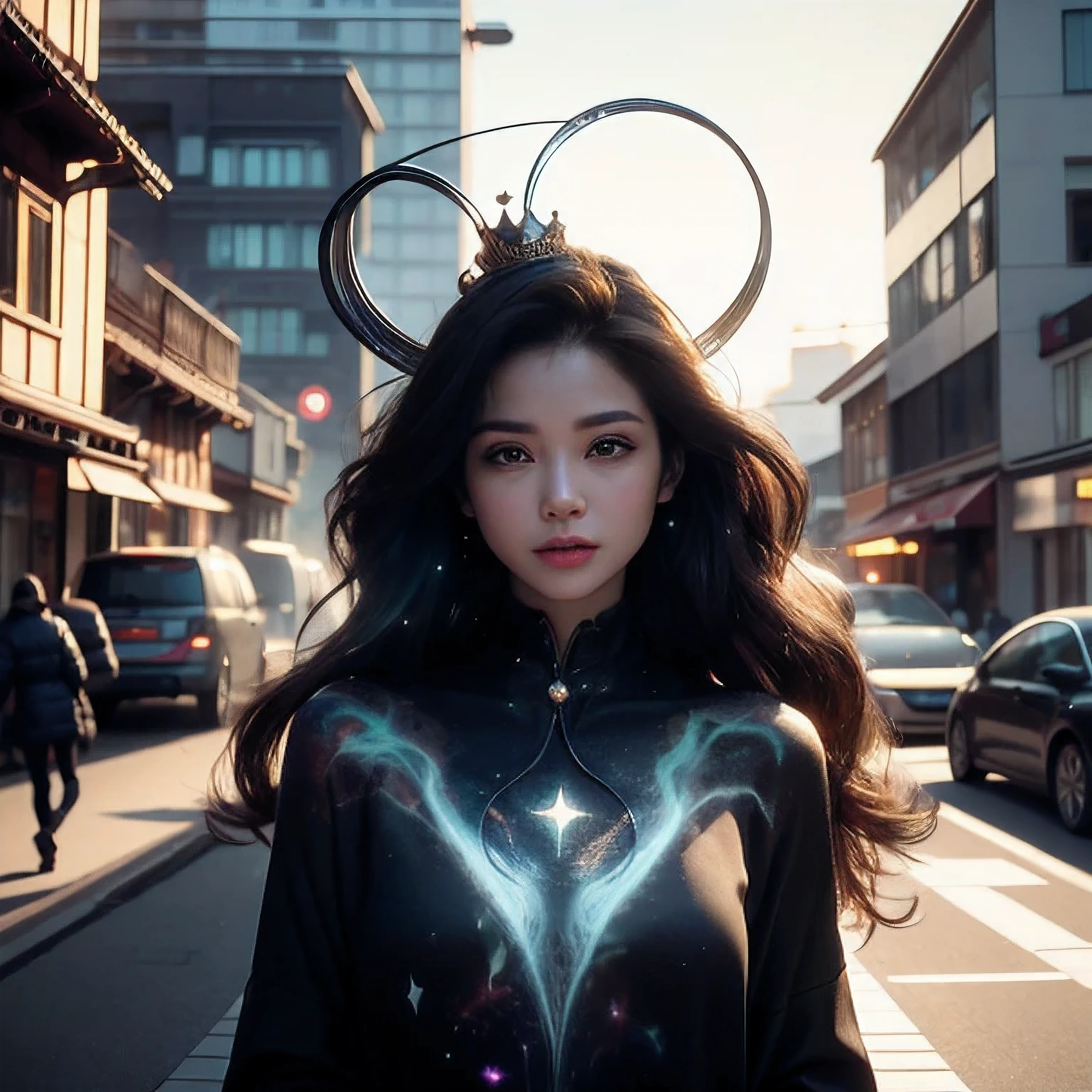 stunningly beautiful young woman is witch voidwalker with unrivaled power, walking confidently through busy futuristic city street enjoying the chaotic panic she caused, looking at viewer with evil grin, one of the houses in background street has crater with swirls of void magic flying into the air. She has dark celestialskin body , void cosmic body, colored skin, flat color, jet black skin, silhouette, wielding beautiful metallic void magic foil and void magic spellbook with ornaments and Phosphorescent details and highlights, long flowing hair with Phosphorescent details and highighlights, perfectly detailed glowing eyes, meticulously detailed female voidwalker robe with metallic ornaments and metallic crown jewellery that have Phosphorescent details and hights, swirls of void magic. Extremely tiny fractalized, fractal_environment, fractal_body, fractal_background . ((award winning masterpiece, best quality, UHD 8k focus stacking, 4k, highres, absurdres, ray tracing:1.5) ultra detailed, ultra intricate, intricately details, ultra meticulous, sharp focus, ultra sharp, crystal clear, crisp, DSLR, HDR, ambient occlusion, vray, octane, filmic, 3d shading, diffuse light, hyper realistic, photo realistic, cinematic photography, virtual photography, 3d shading, RAW image, silver nitrate photo, professional, Unreal Engine 5, Polycount, 3d shading, high quality particles, cgsociety, golden ratio, smooth, ultra fine details, ultra fine particles, ultra fine light particles)