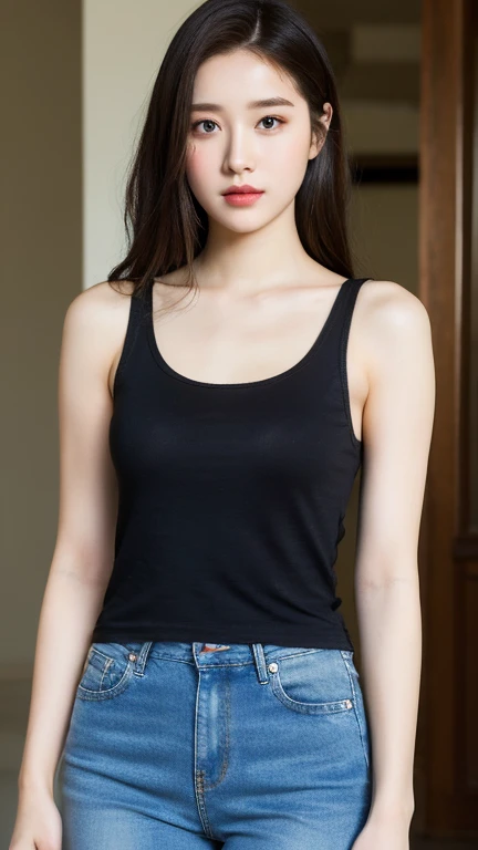 （lifelike， high resolution：1.3）， 1 girl with perfect figure， The face shape and eyes are super delicate，long hair， random color tank top：1.2， short jeans， Big Bubu，Baogou