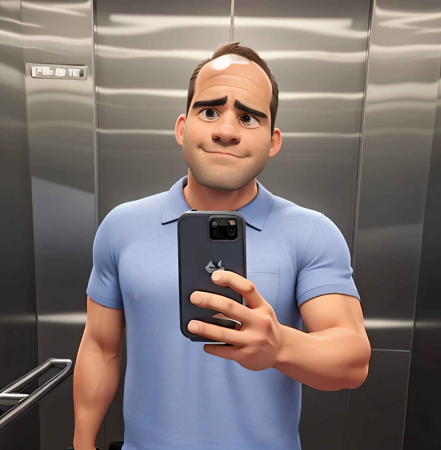 homem forte sem barba, serious, usando um celular no elevador
