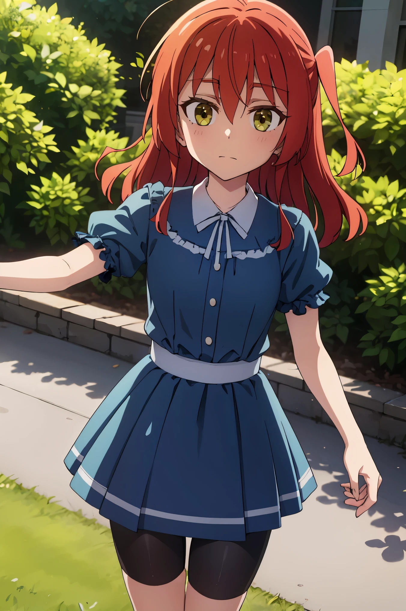 1 girl, ikuyo kita, bangs, red hair, long hair, one side up hair, green eyes, open eyes, blue dress, puffy sleeves, short sleeves, hdr, looking ahead, bike shorts, open mouth, standing, pov, flowers, 