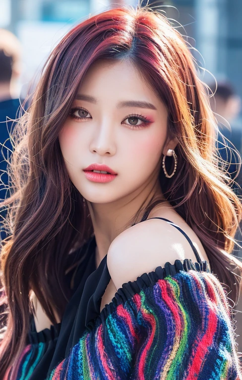 one korean model , hair model, Unique wavy short layered colorful hair details, elegant off shoulder cyberpunk hiphop fashion, Near future , double eyelid, plump lips, professional makeup, hyper res