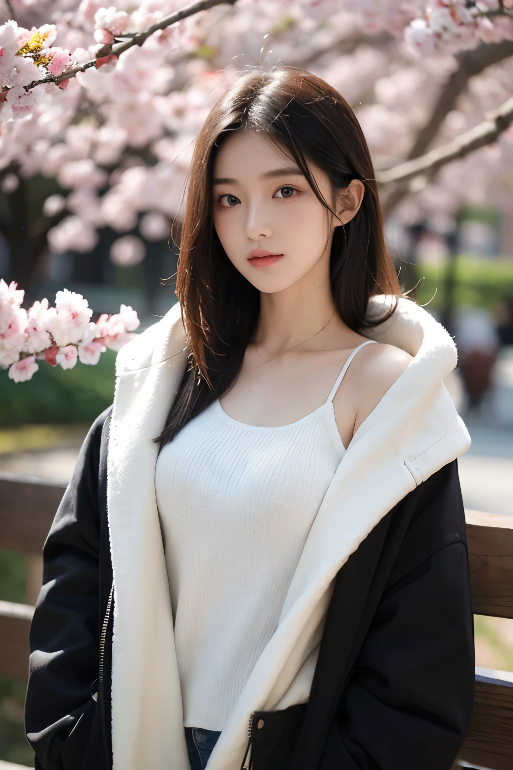 An 18-year-old Chinese beauty，winter，sexy，long black hair，Color flows across her face，chest，a ray of light，Warm winter clothes，student，Plum blossom background