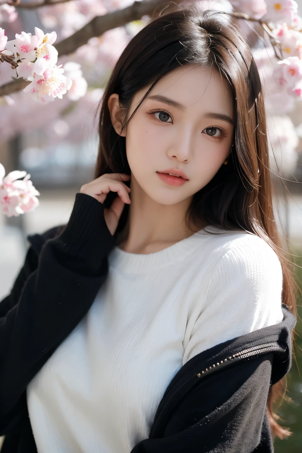 An 18-year-old Chinese beauty,winter,sexy,long black hair,Color flows across her face,chest,a ray of light,Warm winter clothes,student,Plum blossom background