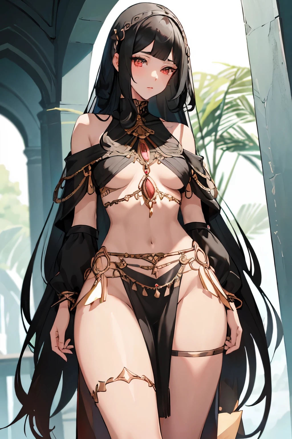 beautiful adult tall woman with long black hair with flat bangs and tanned skin, thick thigh, wearing plain sexy black dancer outfits, flat chest , magnificent shawl, long and beautiful skirt (mommy face, beautiful, stunning, perfect anatomy, perfect body proportion, clear face, masterpiece, official art, highest quality, best quality)