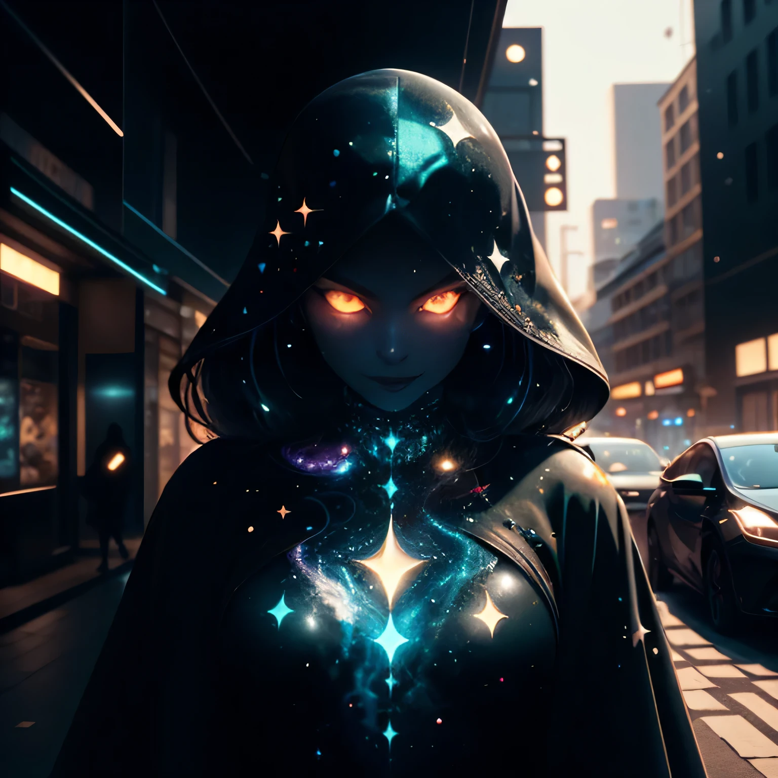 stunningly beautiful young woman is witch voidwalker with unrivaled power, walking confidently through busy renaissance fantasy retro futuristic city street enjoying the chaotic panic she caused, looking at viewer with evil grin, one of the houses in background street has crater with swirls of void magic flying into the air. She has dark celestialskin body , void cosmic body, colored skin, flat color, jet black skin, silhouette, wielding beautiful metallic void magic foil and void magic spellbook with ornaments and Phosphorescent details and highlights, long flowing hair with Phosphorescent details and highighlights, perfectly detailed glowing eyes, meticulously detailed female voidwalker robe with metallic ornaments and metallic crown jewellery that have Phosphorescent details and hights, swirls of void magic. Woman has Extremely tiny fractalized, fractal_environment, fractal_body, fractal_background . ((award winning masterpiece, best quality, UHD 8k focus stacking, 4k, highres, absurdres, ray tracing:1.5) ultra detailed, ultra intricate, intricately details, ultra meticulous, sharp focus, ultra sharp, crystal clear, crisp, DSLR, HDR, ambient occlusion, vray, octane, filmic, 3d shading, diffuse light, hyper realistic, photo realistic, cinematic photography, virtual photography, 3d shading, RAW image, silver nitrate photo, professional, Unreal Engine 5, Polycount, 3d shading, high quality particles, cgsociety, golden ratio, smooth, ultra fine details, ultra fine particles, ultra fine light particles) 