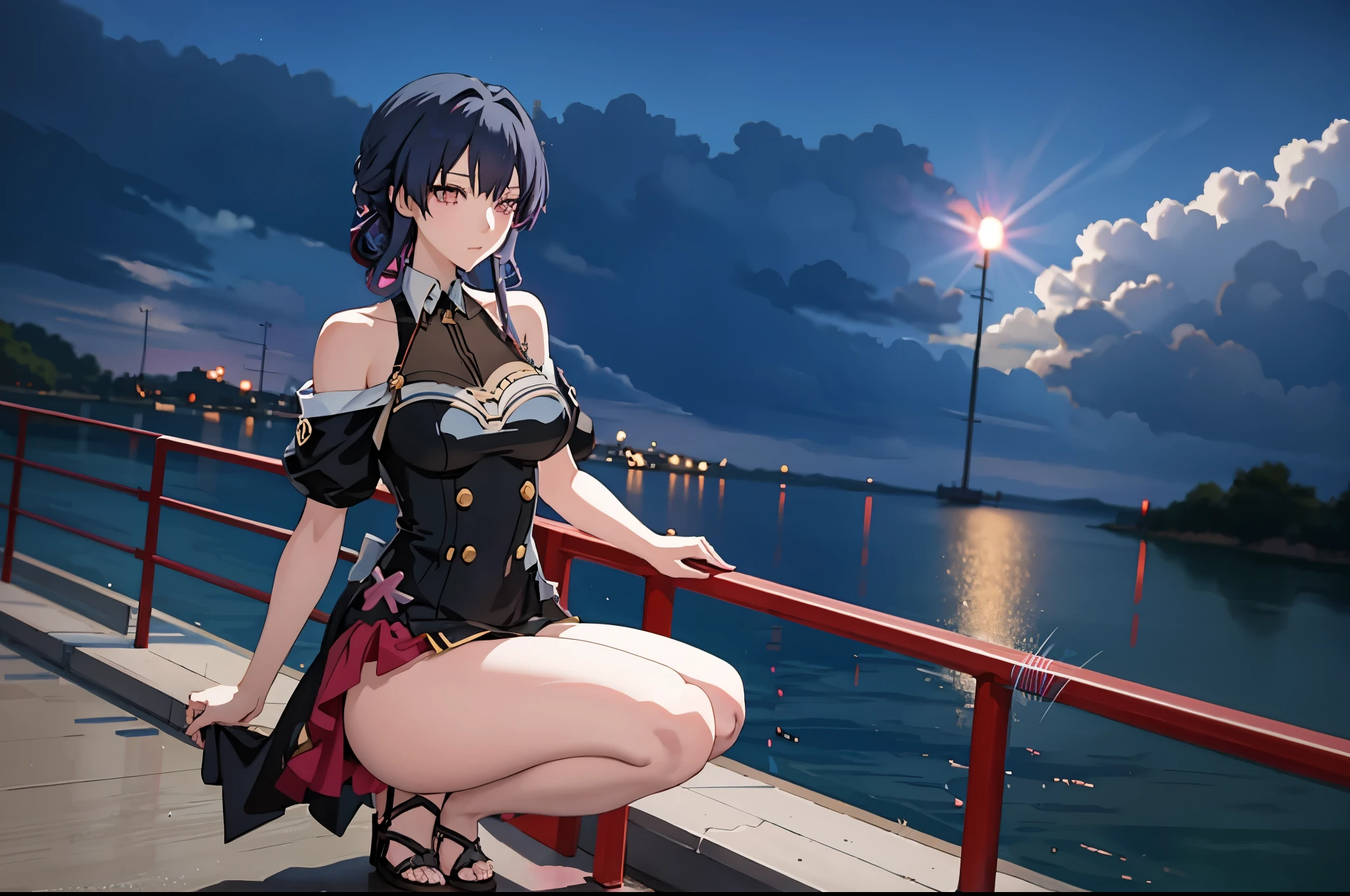 anime girl with blue hair and black dress leaning on railing, seductive anime girl, beautiful alluring anime woman, smooth anime cg art, stylized anime, black - haired mage, anime moe artstyle, trending on cgstation, calm night. over shoulder shot, anime stylized, anime style. 8k, attractive anime girl, beautiful anime girl squatting