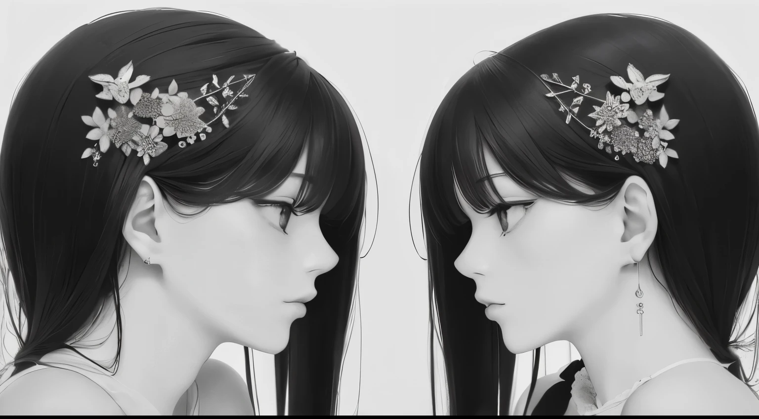 (very delicate and beautiful）Side by side、men and women、2 persons、Angle from the neck up、Man Sideways、the woman is looking straight ahead、Overall dark image、monochrome、