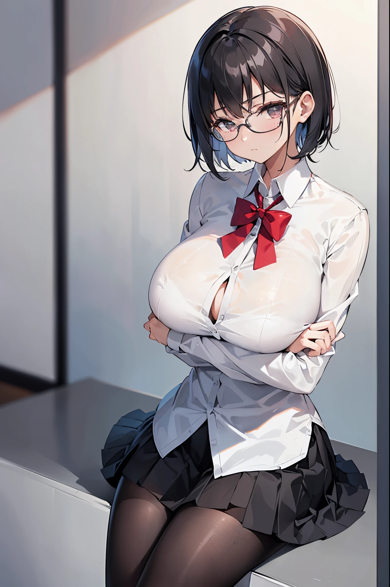 1 girl, glasses, (arms folded under breasts:1.2), angle from above, blush, (slim body:1.2), (huge breasts:1.3), (slender legs:1.1), black hair, short hair, white long sleeve shirt, pleated skirt, (black tights:1.1),