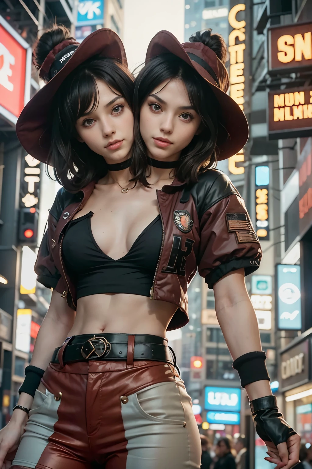 best resolution, (two_heads:1.2), caucasian woman with two heads, 21 years old, black hair, short hair, midriff, standing, youthful, staring at viewer