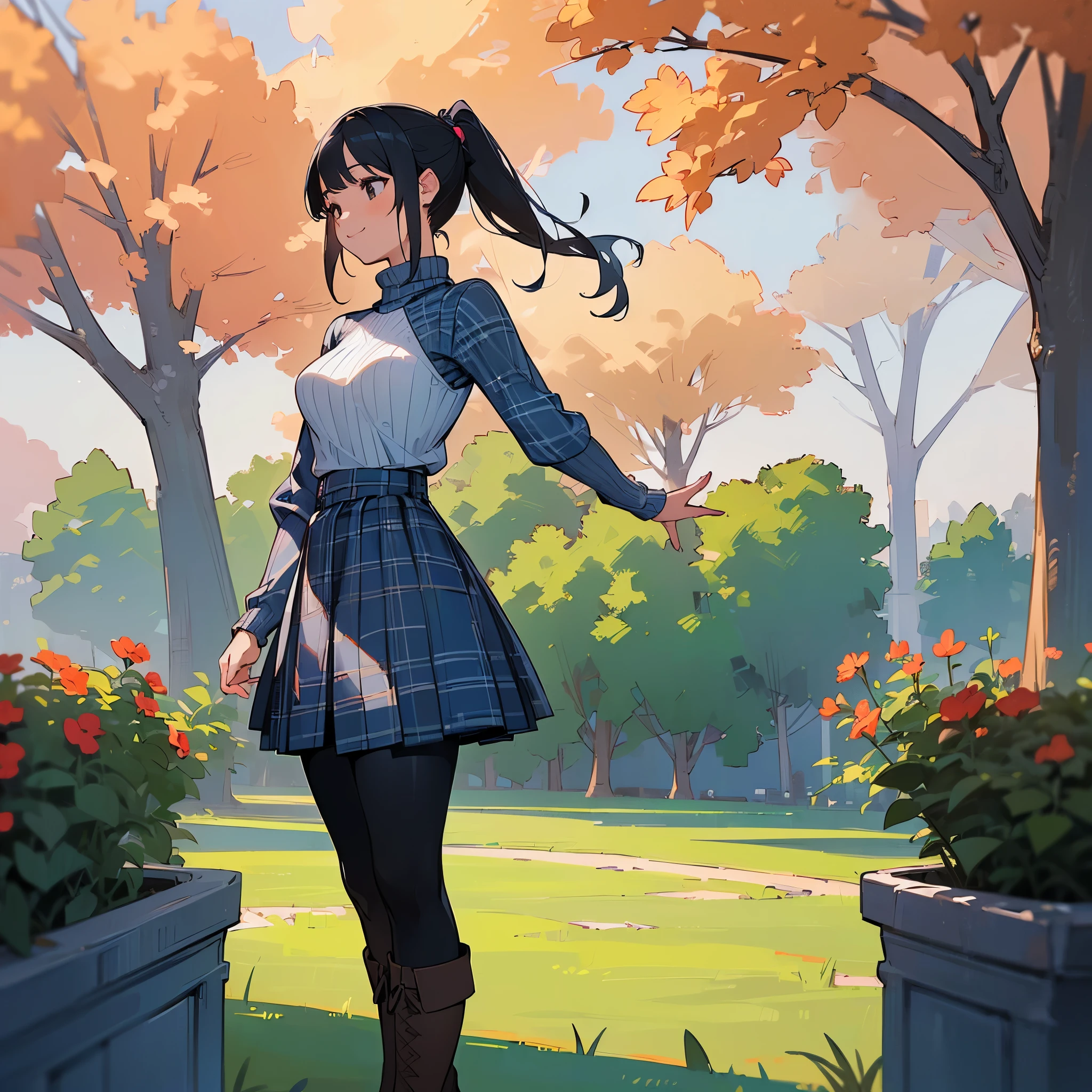 (high quality, high resolution, Super detailed, Reality:1.37), peaceful atmosphere, (outdoor, garden), Teenage girl standing alone, (My breasts are big.), Beautiful detailed features, cute smile, (black hair ponytail), ribbed sweater, blue plaid skirt, Black tights, brown boots.