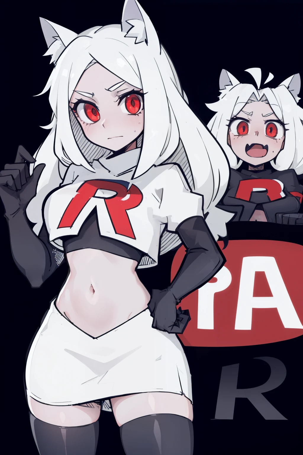 masterpiece, best quality,cerberus the dog girl with trio,red eyes, white hair,team rocket,team rocket uniform,white skirt,red letter R,crop top,black thigh-highs,black elbow gloves, comic strip