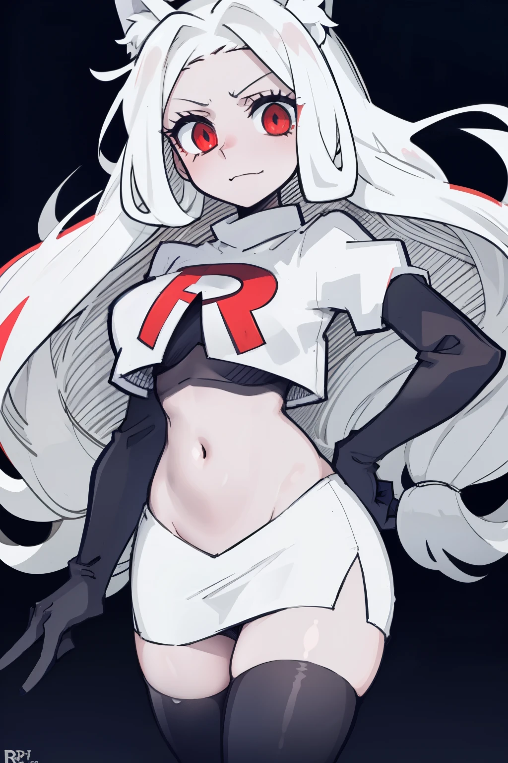 masterpiece, best quality,cerberus the dog girl with trio,red eyes, white hair,team rocket,team rocket uniform,white skirt,red letter R,crop top,black thigh-highs,black elbow gloves, comic strip