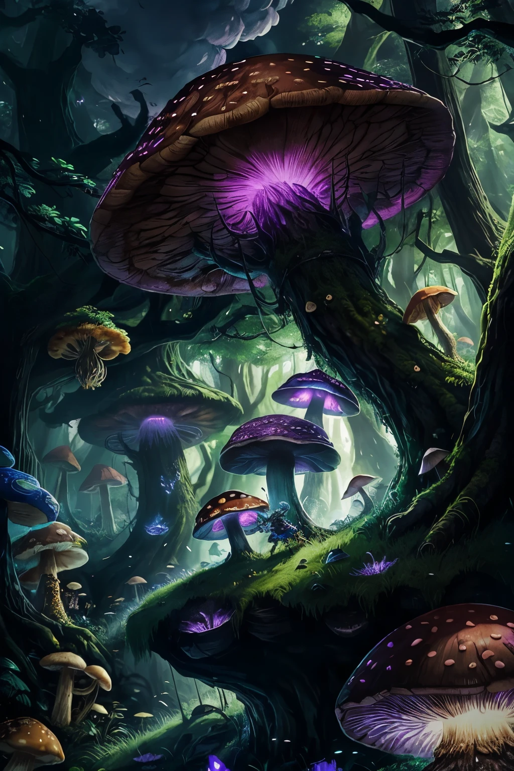 In the midst of an intense RPG battle, legendary heroes clash against colossal and ferocious mushrooms that tower over the battlefield. The heroes, with weapons at the ready, charge forward, evading the poisonous gas that wafts through the air. The gas, a noxious cloud of green and purple hues, swirls around the mushrooms, threatening to engulf the heroes in its toxic grasp.
The heroes' determination is unwavering, as they dodge and weave, their every move calculated and precise. Their armor glimmers in the soft, ethereal light that filters through the canopy, casting long, dramatic shadows on the forest floor. The heroes
