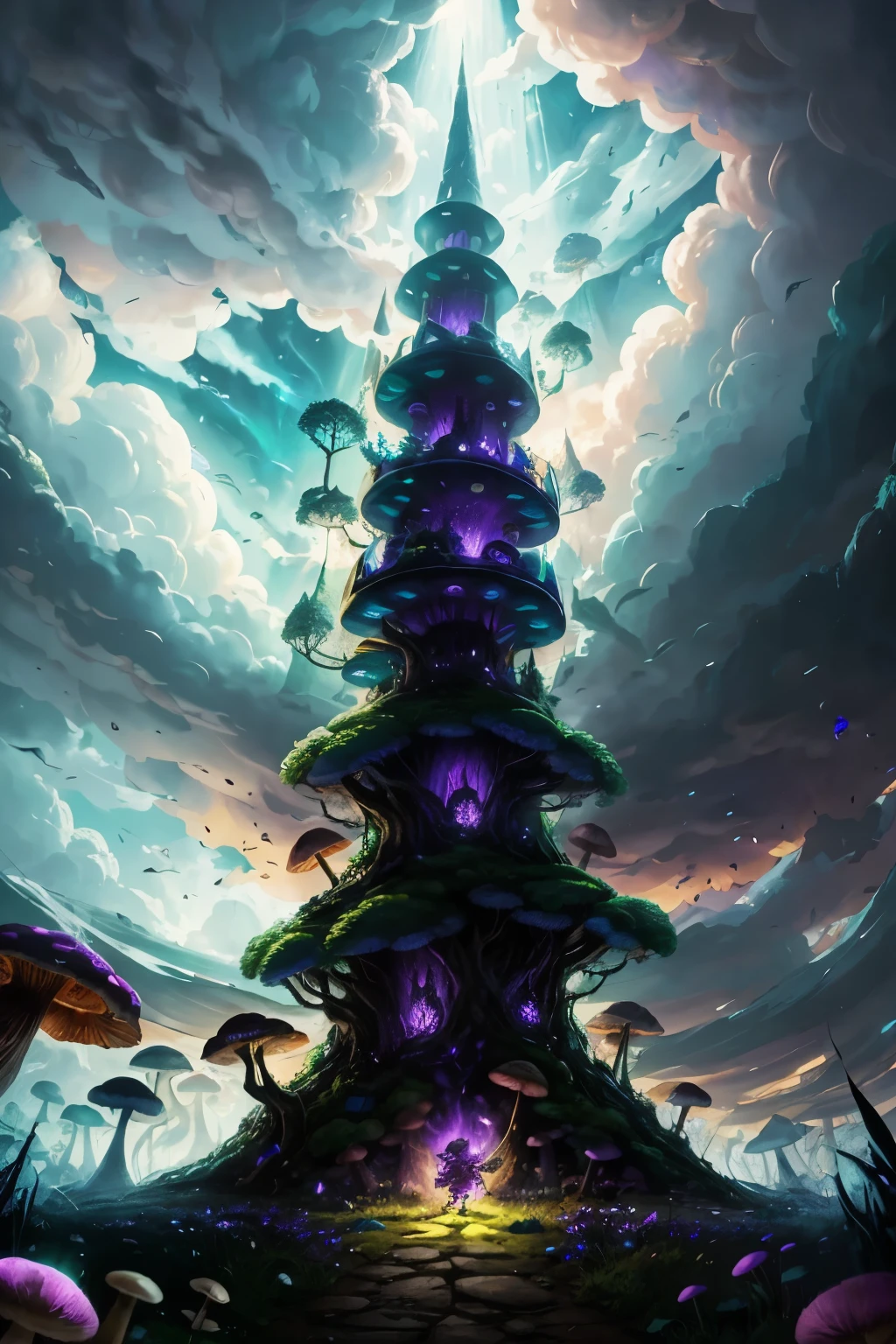 In the midst of an intense RPG battle, legendary heroes clash against colossal and ferocious mushrooms that tower over the battlefield. The heroes, with weapons at the ready, charge forward, evading the poisonous gas that wafts through the air. The gas, a noxious cloud of green and purple hues, swirls around the mushrooms, threatening to engulf the heroes in its toxic grasp.

The heroes' determination is unwavering, as they dodge and weave, their every move calculated and precise. Their armor glimmers in the soft, ethereal light that filters through the canopy, casting long, dramatic shadows on the forest floor. The heroes