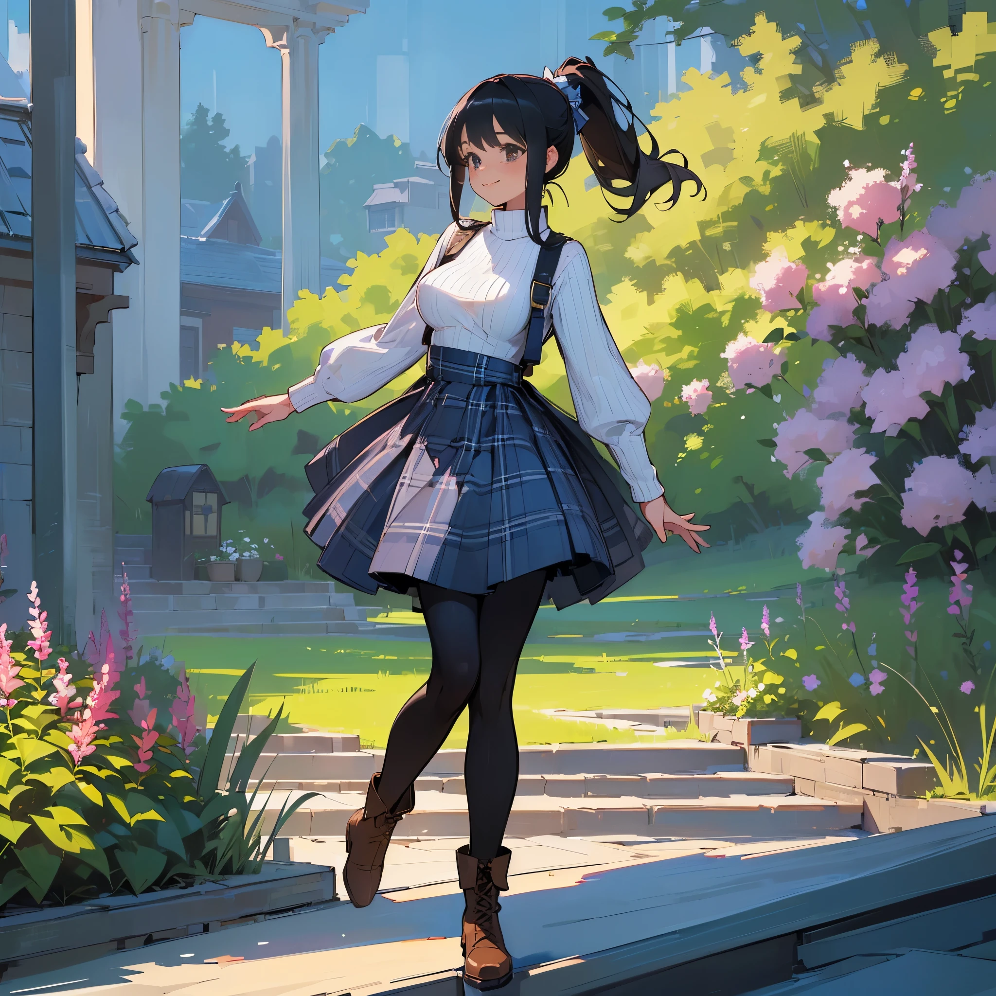 (high quality, high resolution, Super detailed, Reality:1.37), peaceful atmosphere, (outdoor, garden), age girl standing alone, (My breasts are big.), Beautiful detailed features, cute smile, (black hair ponytail), ribbed sweater, blue plaid skirt, Black tights, brown boots.