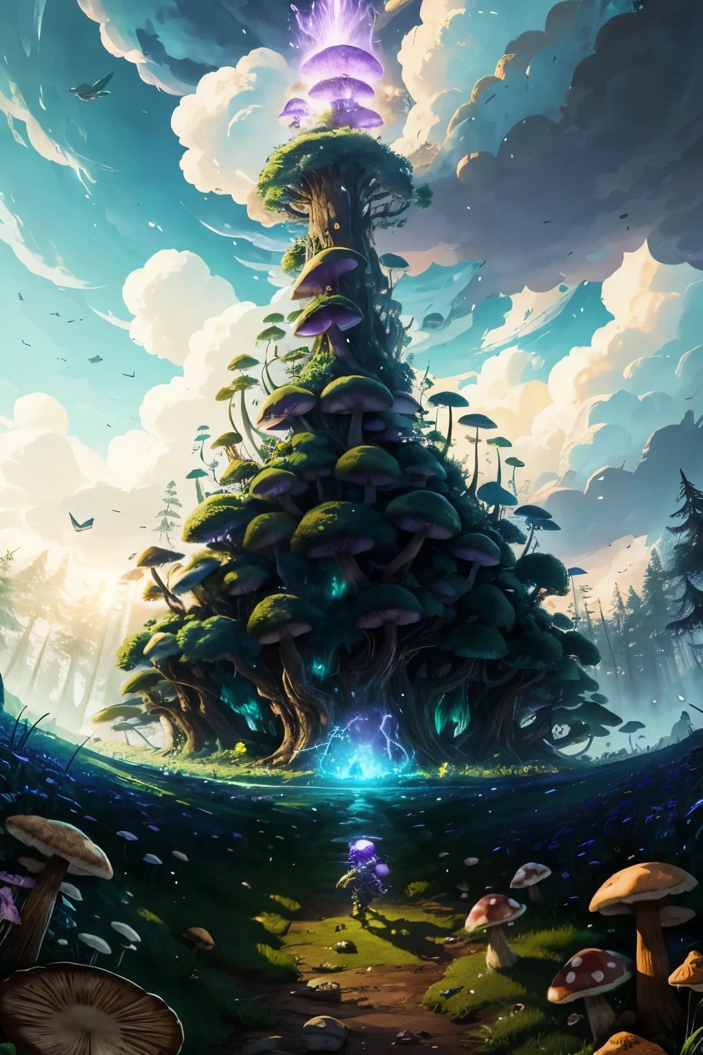 In the midst of an intense RPG battle, legendary heroes clash against colossal and ferocious mushrooms that tower over the battlefield. The heroes, with weapons at the ready, charge forward, evading the poisonous gas that wafts through the air. The gas, a noxious cloud of green and purple hues, swirls around the mushrooms, threatening to engulf the heroes in its toxic grasp.

The heroes' determination is unwavering, as they dodge and weave, their every move calculated and precise. Their armor glimmers in the soft, ethereal light that filters through the canopy, casting long, dramatic shadows on the forest floor. The heroes