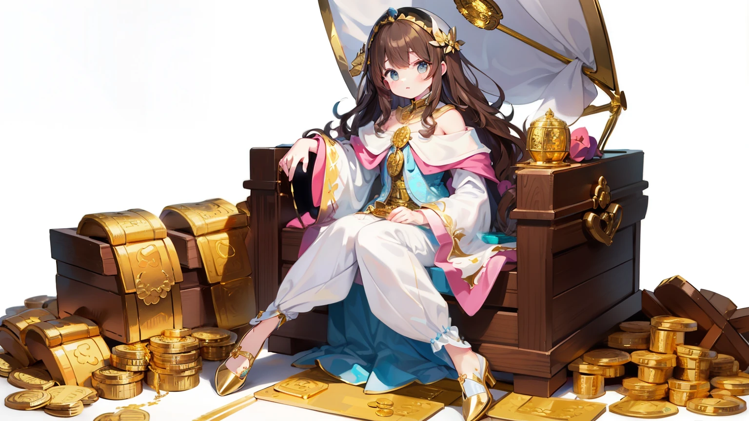 drawing with white background, fairy godmother with dark brown wavy hair, sitting on a treasure chest full of (((gold coins)))