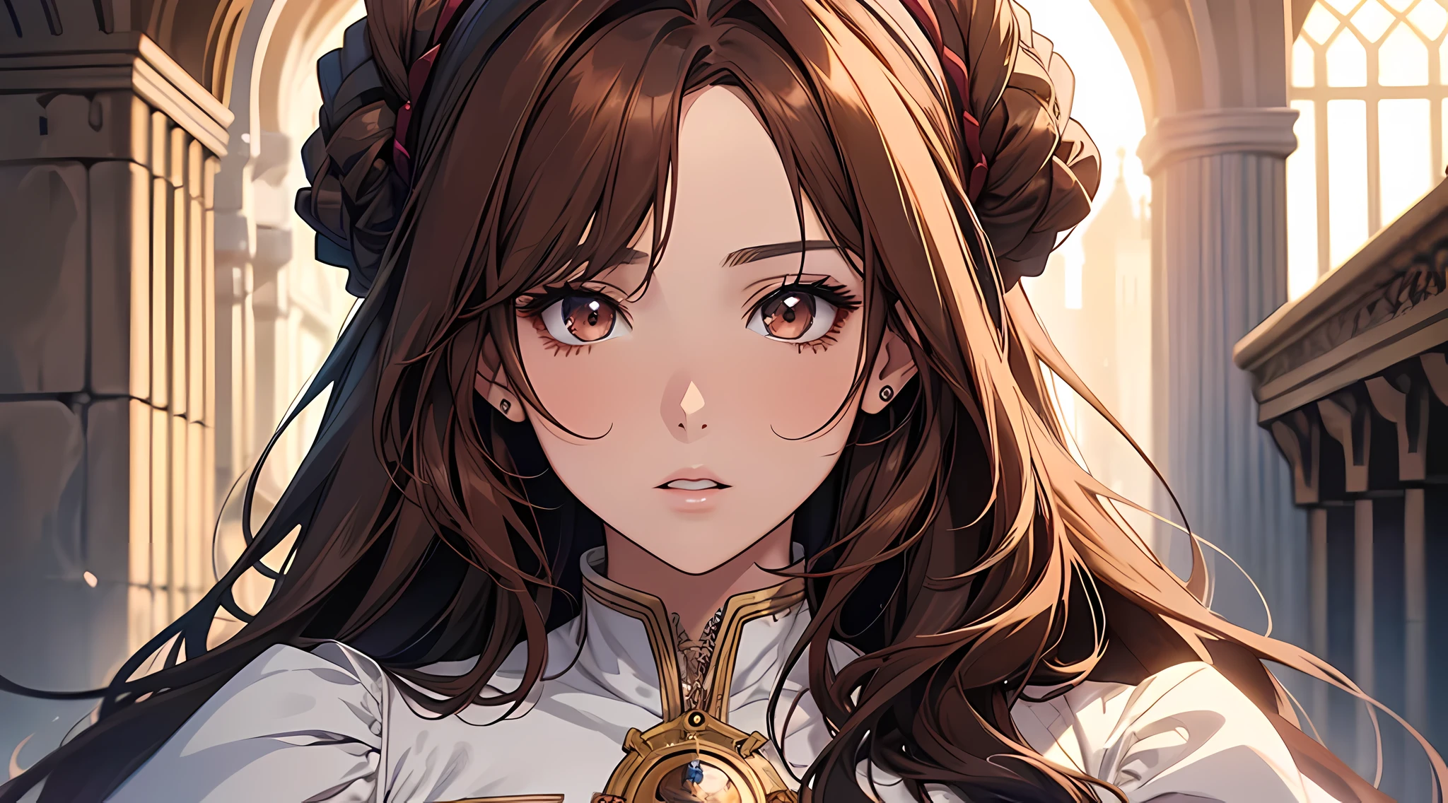 close up a portrait of a beautiful girl, thick brown hair, brown eyes, plump lips, face detailed, Clear facial expressions，Detailed digital anime art，digital anime art，High quality anime art style，medieval times, wearing white gown, speechless, confused