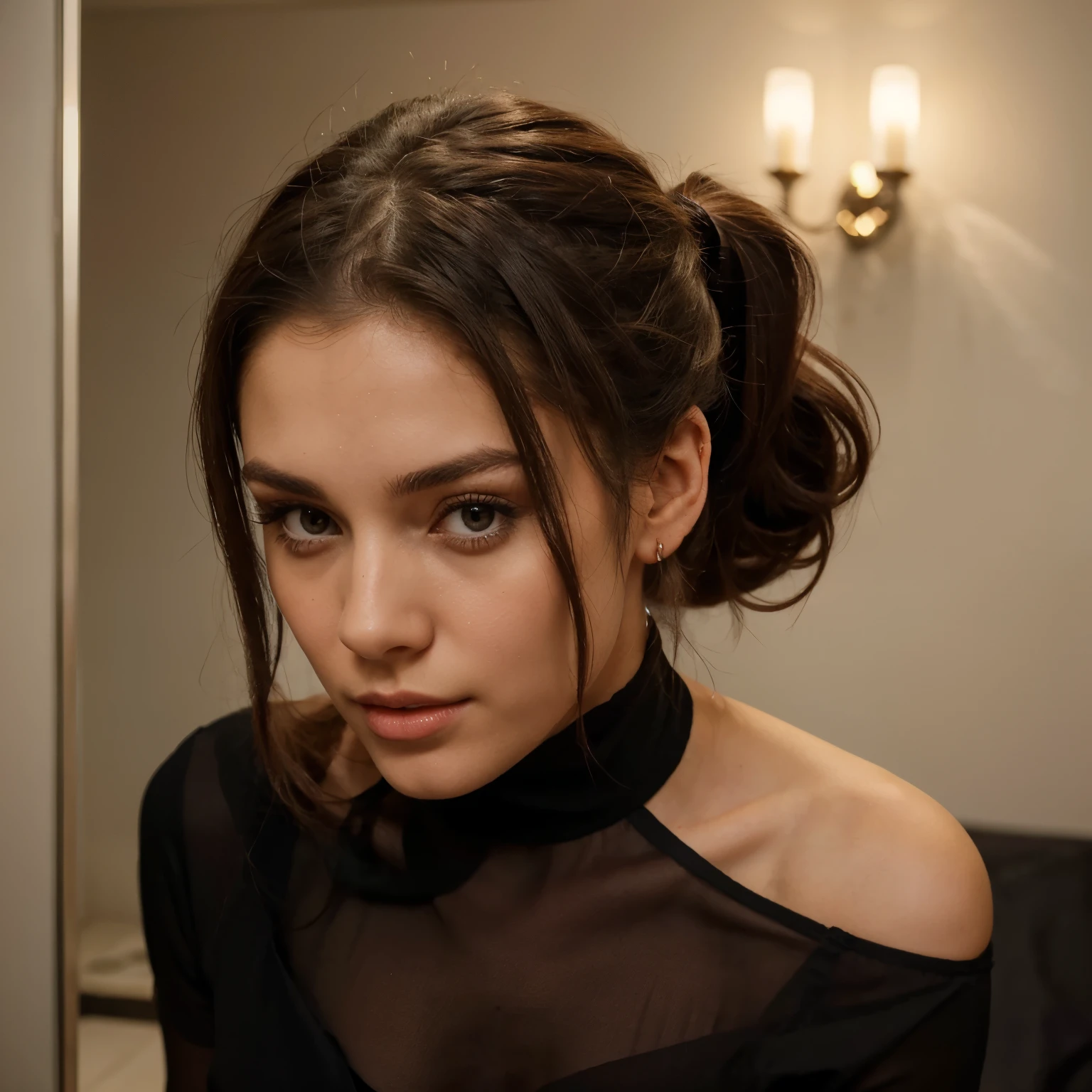 The most beautiful brunette in the world, men instantly fall in love with her, She is 25 years old, ponytail hairstyle, in a beautiful black dress , the look is half-closed with pleasure, wants sex, Looks into the eyes