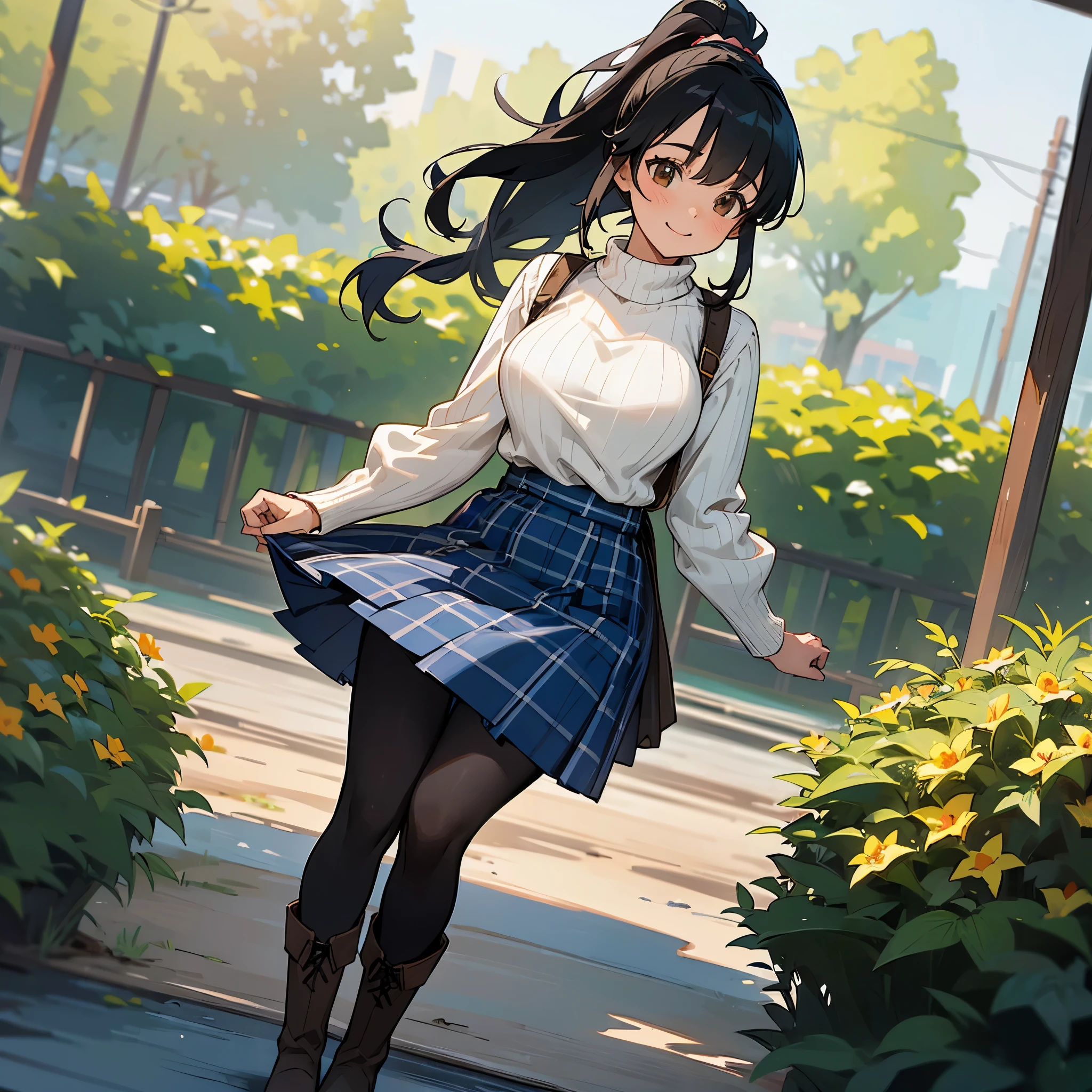 (high quality, high resolution, Super detailed, Reality:1.37), peaceful atmosphere, (outdoor, garden), Teenage girl standing alone, (My breasts are big.), Beautiful detailed features, cute smile, (black hair ponytail), ribbed sweater, blue plaid skirt, Black tights, brown boots.