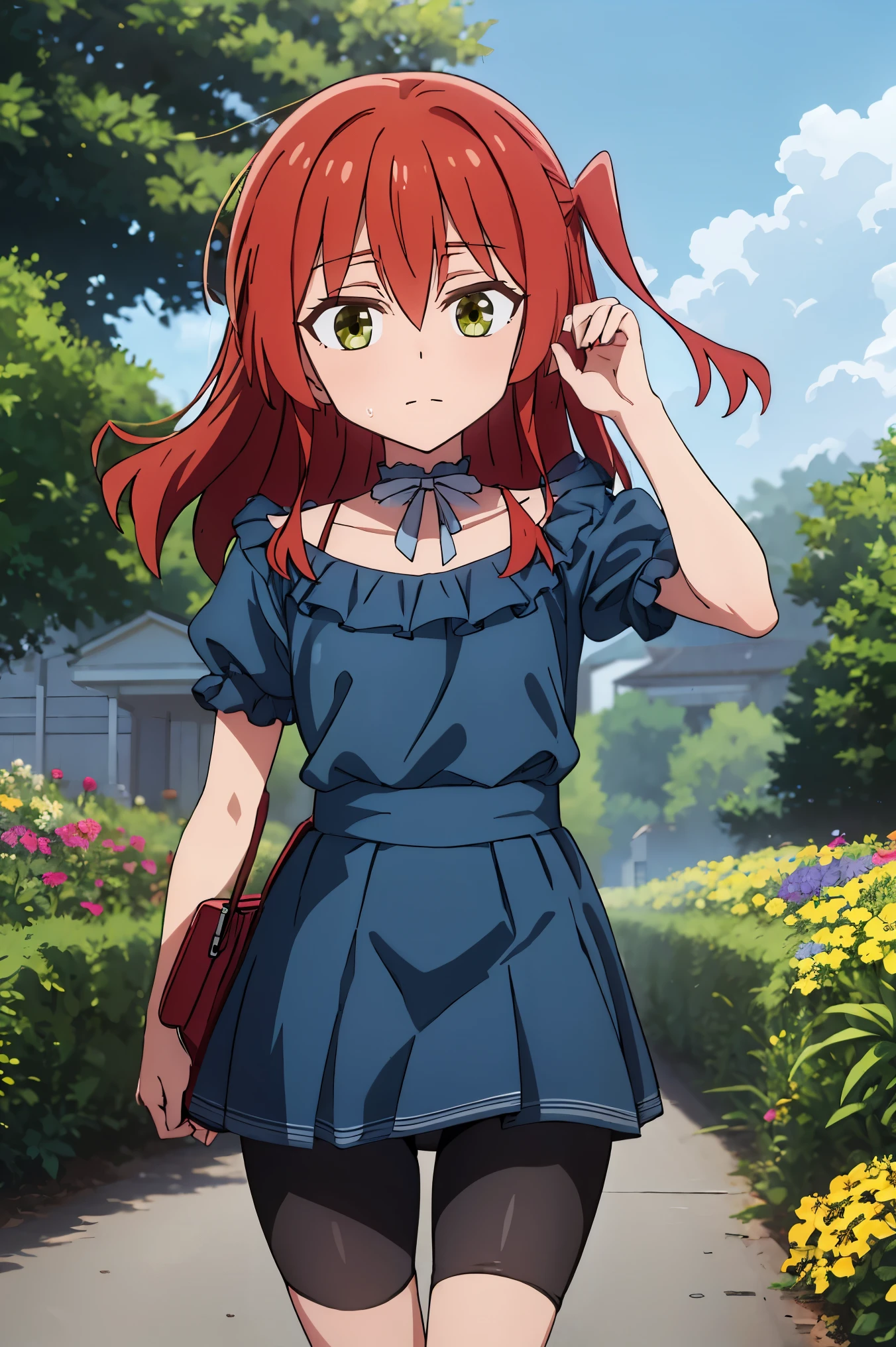 1 girl, ikuyo kita, bangs, red hair, long hair, one side up hair, green eyes, open eyes, blue dress, puffy sleeves, short sleeves, hdr, looking ahead, bike shorts, open mouth, standing, pov, flowers,