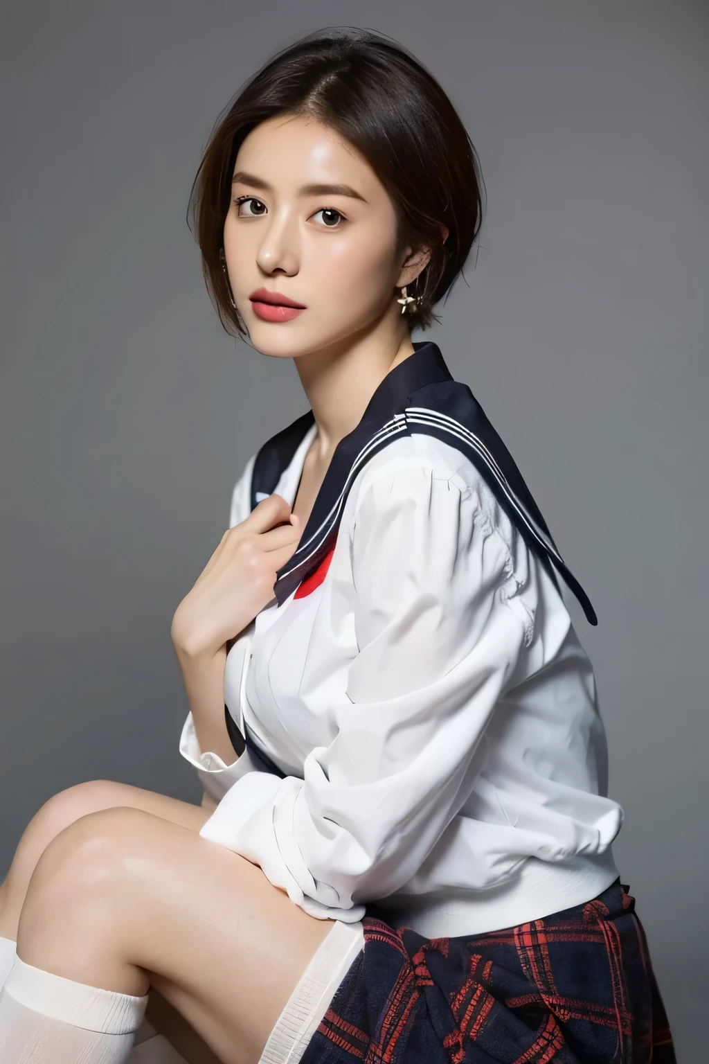 (highest quality,8K,masterpiece),studio photography,
Very beautiful Japan models,fine skin,realistic skin, lip gloss,rouge,
very short hair,pixie cut,
School_uniform, big earrings,costume,sailor suit,sailor uniform,
big breasts,peach,
plaid skirt, white shirt, big breasts,emphasize cleavage,See-through knee socks,
gray background