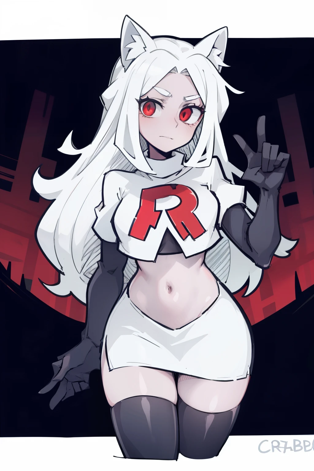 masterpiece, best quality,cerberus the dog girl with trio,red eyes, white hair,team rocket,team rocket uniform,white skirt,red letter R,crop top,black thigh-highs,black elbow gloves, comic strip
