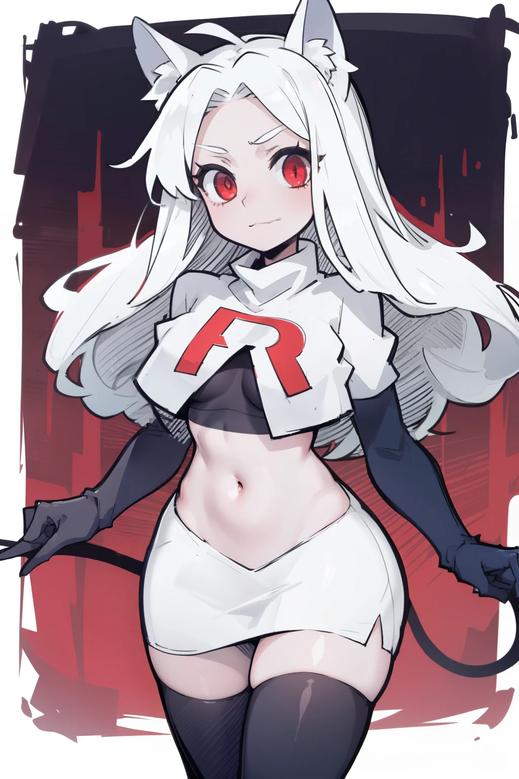 masterpiece, best quality,cerberus the dog girl with trio,red eyes, white hair,team rocket,team rocket uniform,white skirt,red letter R,crop top,black thigh-highs,black elbow gloves, comic strip