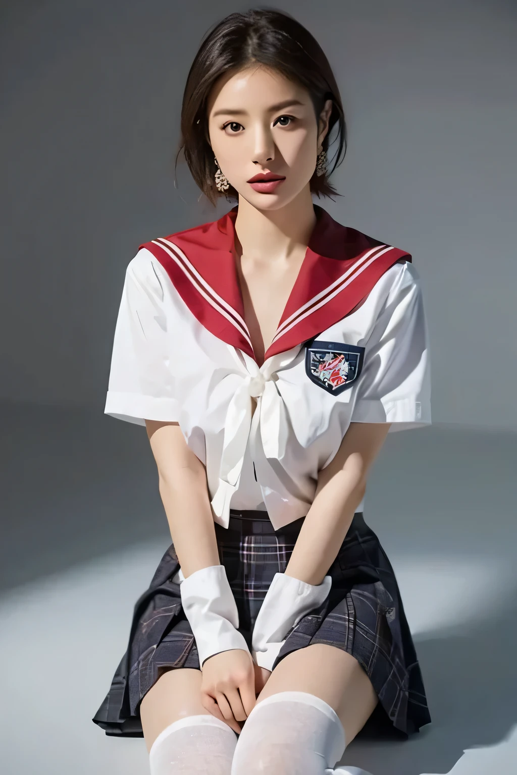 (highest quality,8K,masterpiece),studio photography,
Very beautiful Japan models,fine skin,realistic skin, lip gloss,rouge,
very short hair,pixie cut,
School_uniform, big earrings,costume,sailor suit,sailor uniform,
big breasts,peach,
plaid skirt, white shirt, big breasts,emphasize cleavage,See-through knee socks,
gray background