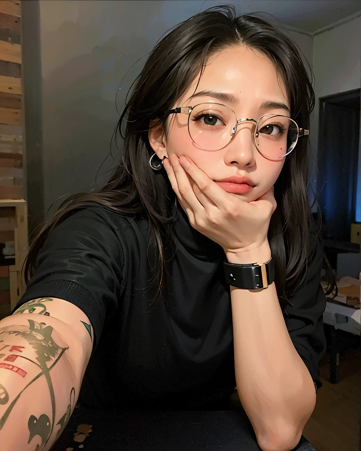 there is a woman with glasses making a peace sign with her hand, dang my linh, with glasses, ruan cute vtuber, nivanh chanthara, anime thai girl, 18 years old, very low quality, 2 , 2 2 years old old, girl withpectacled, 2 7 years old, Best picture qualityce, ultra high resolution, 8k, cleavage, big boobs, bust detail, hair detail, eye detail, sharp eyes, thin smile, professional lighting