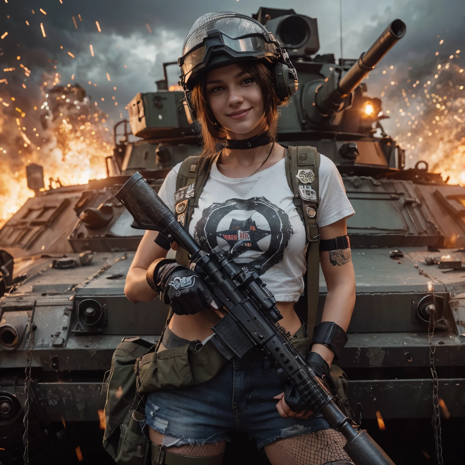 hyper ultra realistic scenery moment detail sharp shade photography, gloomy mood dark sky, wide shoot full body of fictional character: a caucasian sexy girl detail facial pore freckles, bald hair wearing soldier helmet full of badges, cool smile grin expression, band aid on cheeks, wear white t-shirt with target pictures, wet tshirt with transparent nipples shown, big breast, wear jeans shortpants & net stockings, wear military boot, and hold a bazooka, posing outside of cabin of a modified tank, dystopia fire sparks background cinematic.--style raw --v 6.0