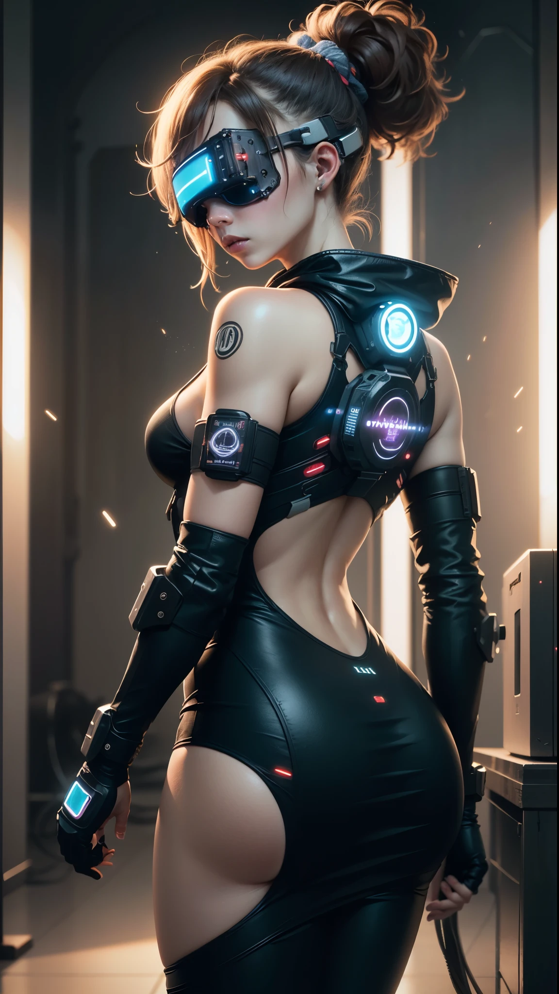 ((Best Quality)), ((Masterpiece)), (Very detailed:1.3), 3D, Beautiful (Cyberpunk:1.3) Female hacker, Mohican hairstyle, back to viewer, thick hair, operating computer terminal, head-mounted display, computer server, LCD screen, fiber optic cable, company logo, HDR (high dynamic range), ray tracing, nvidia RTX, super resolution, Unreal 5, subsurface scattering, PBR texture, post-processing, anisotropic filtering, depth of field, Maximum sharpness and sharpness, multi-layered textures, albedo and highlight maps, surface shading, accurate simulation of light-material interactions, perfect ratios, octane rendering, duotone lighting, low ISO, white balance, rule of thirds, wide aperture, 8K RAW, efficient sub-pixels, subpixel convolution, luminous particles, dynamic pose