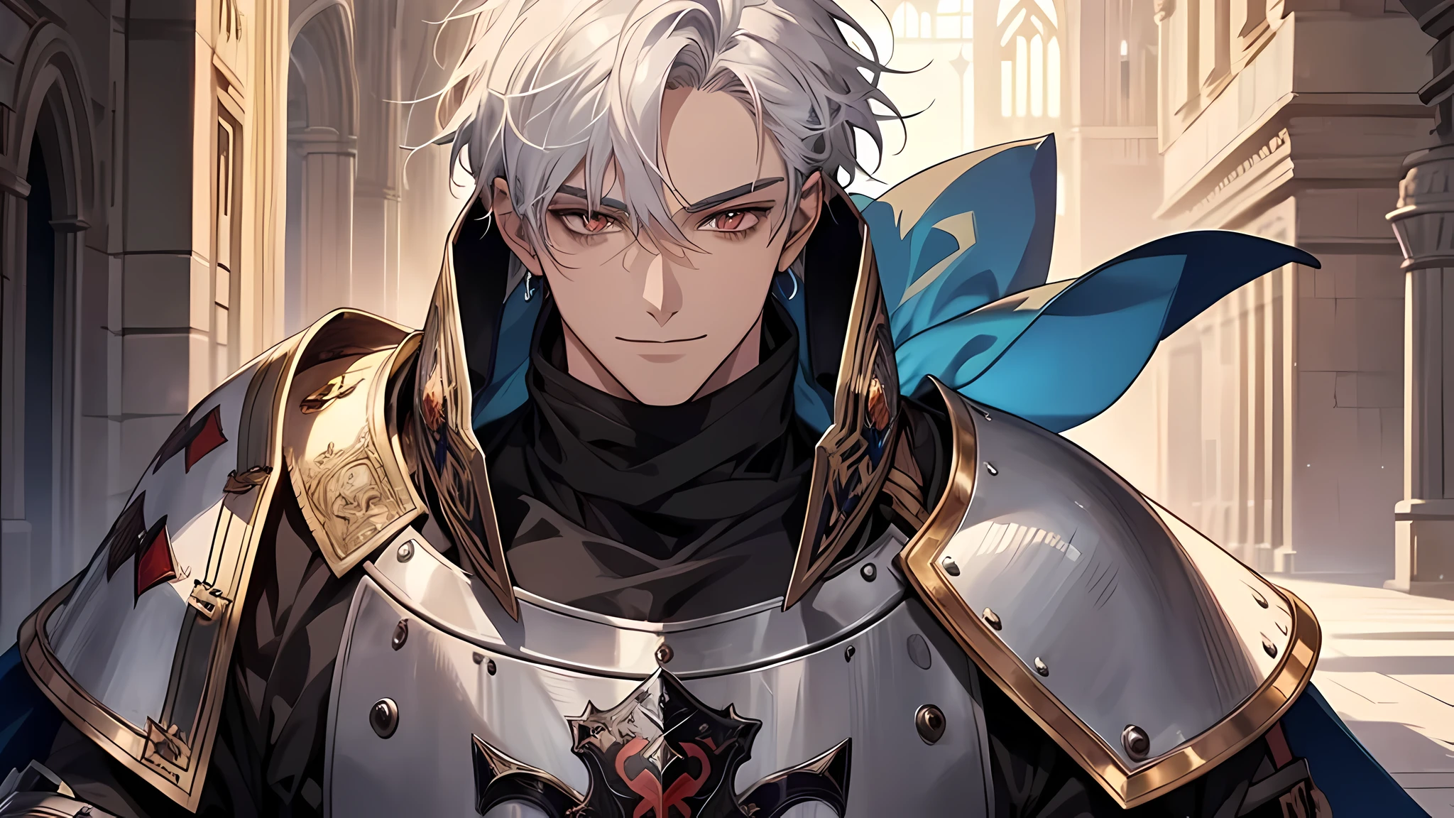 close up a portrait of a handsome man, white hair, brown eyes, face detailed, Clear facial expressions，Detailed digital anime art，digital anime art，High quality anime art style，medieval times, wearing armor knight, smile, respected