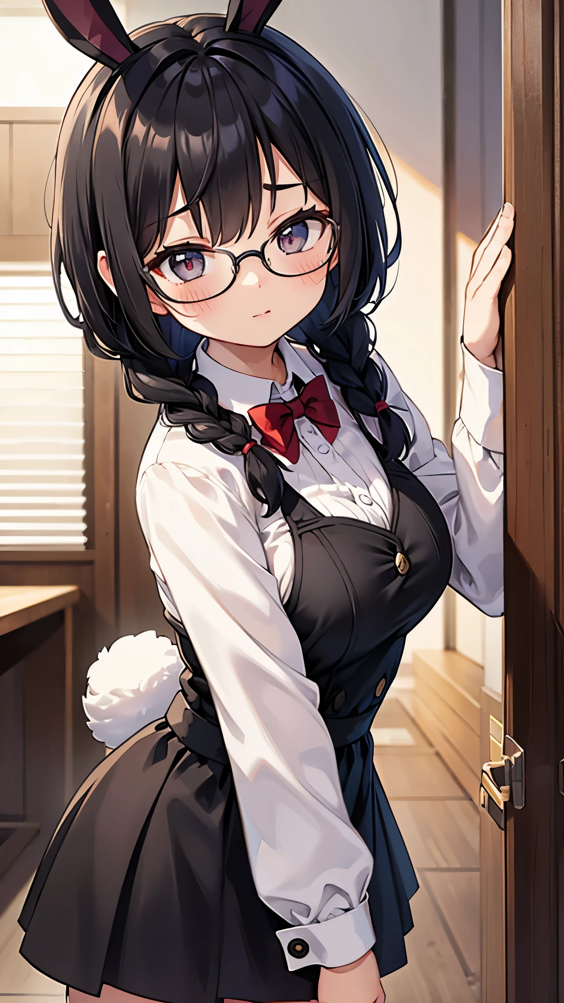 short stature, large breast, glasses, braid hair, black hair, bunny girl