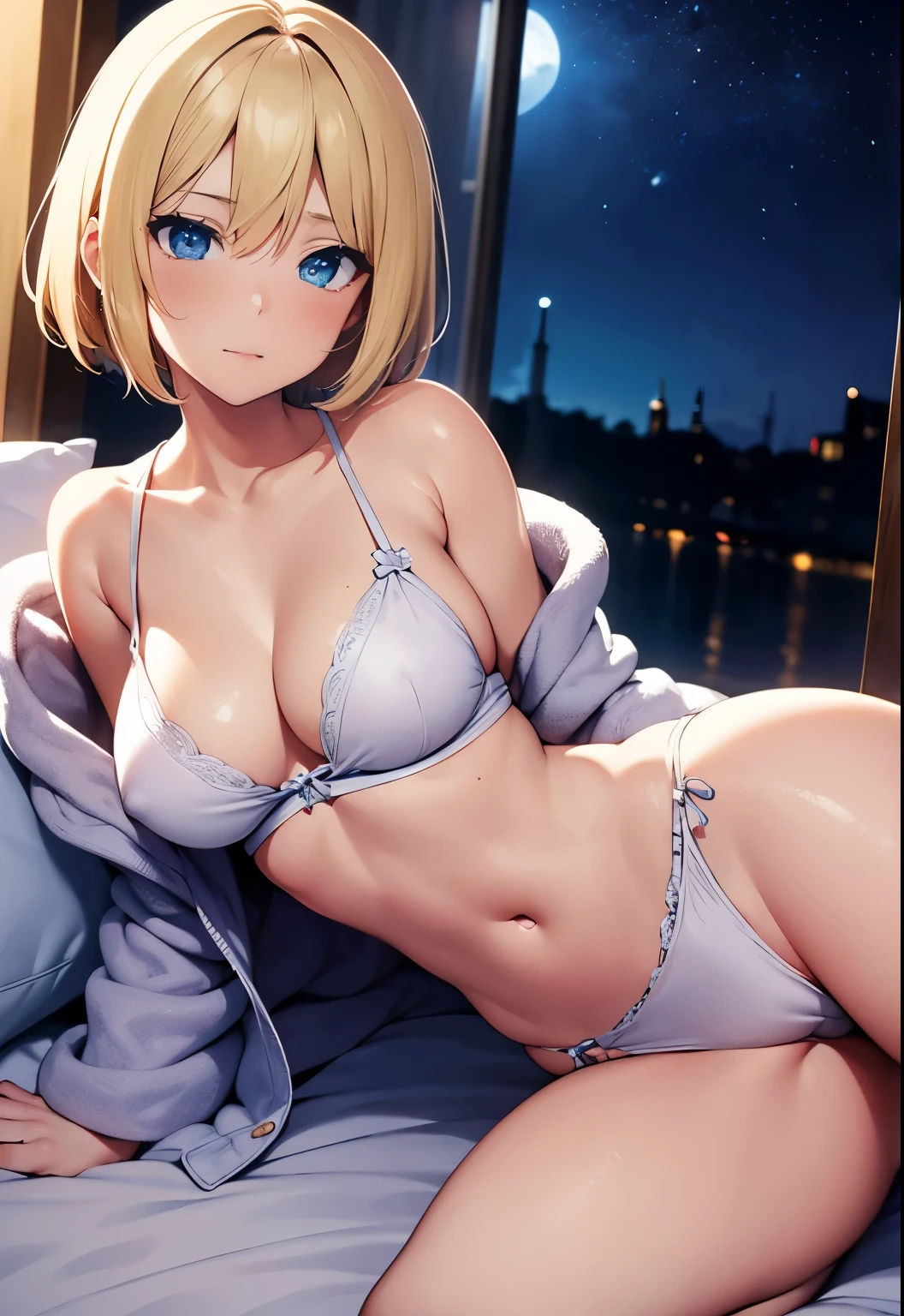 High resolution, 2D anime style,,blue eyes beautiful eyes,high and beautiful nose,Skinny face,boyish blonde short hair,Cool adult woman,beautiful clock,Chest is slightly larger,she looks very kind,biting one's lips, she was very angry, blush,she narrows her eyes,Fashion that shows off your stomach,she is wearing a fluffy bathrobe, sleeping in the bedroom,spread across the legs,bedroom at night