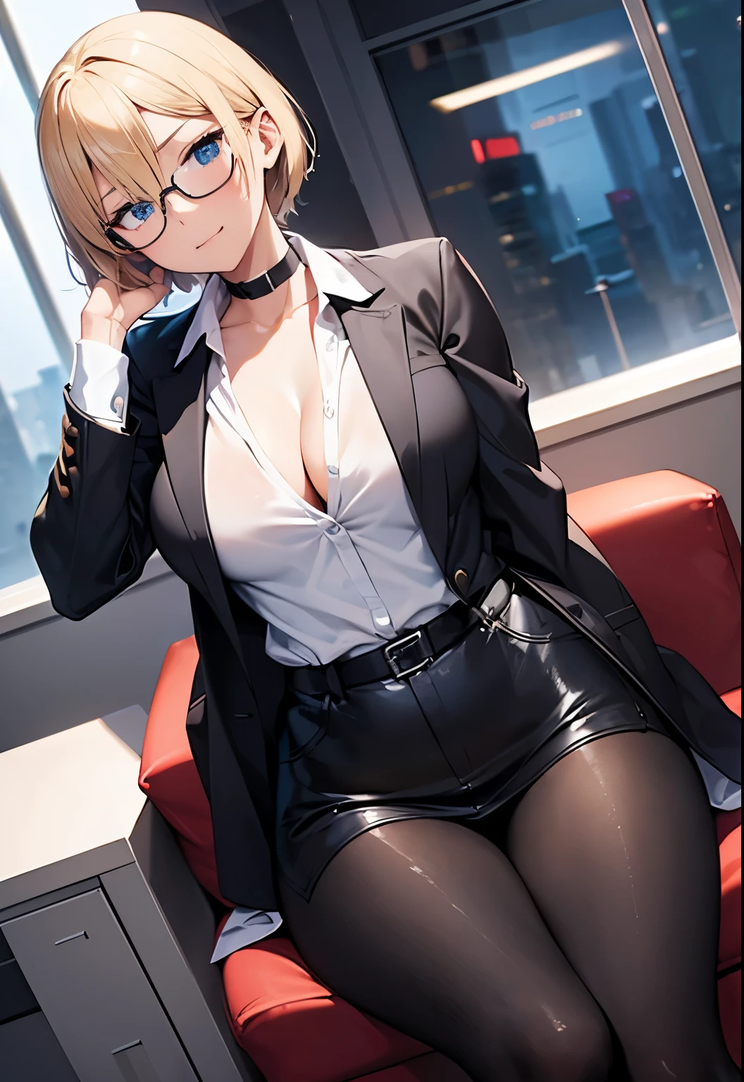 High resolution, 2D anime style,blue eyes beautiful eyes,high and beautiful nose,Skinny face,boyish blonde short hair,Short up-hair,cool woman,beautiful clock,Chest is slightly larger,she looks very serious,biting one's lips, she was laughing so much, she narrows her eyes,she wears glasses,Fashion that shows cleavage, Wearing an unbuttoned white shirt,leather red pants,Wearing a long black coat, Formal fashion,wear a coat,Sitting in an office chair,company office