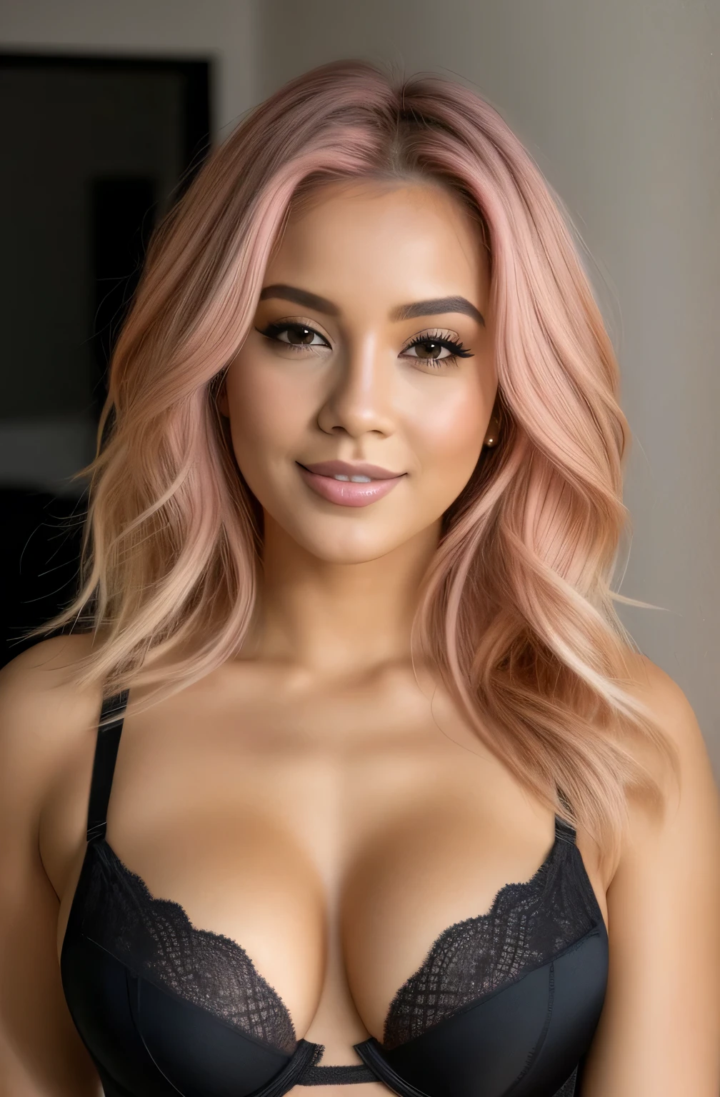 short pink hair  woman in black bra top posing for a photo in a studio, mulher loira bonita, mulher loira, attractive features, loira mulher jovem bonita,  loira bonita, uma loira linda,  sexy , mulher loira nova, olhos grandes, modelo feminino bonito, olhos grandes, sorrindo, sentada na cama, calcinha preta pequena