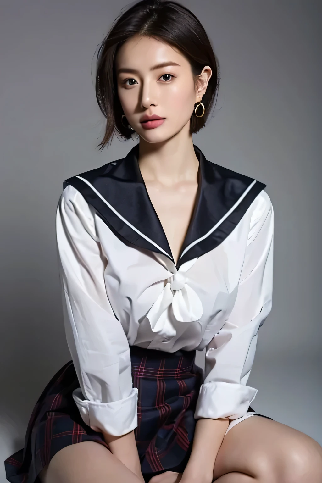 (highest quality,8K,masterpiece),studio photography,
Very beautiful Japan models,fine skin,realistic skin, lip gloss,rouge,
very short hair,pixie cut,
School_uniform, big earrings,costume,sailor suit,sailor uniform,
big breasts,thighs,
plaid skirt, white shirt, big breasts,emphasize cleavage,
gray background