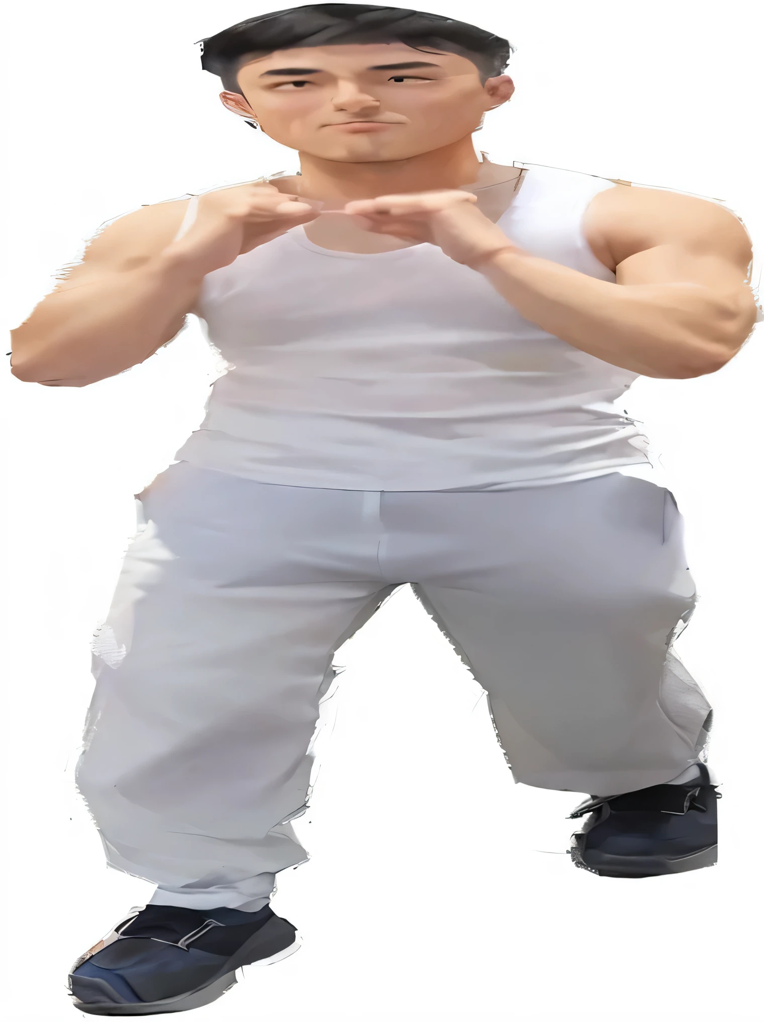 arafed man in white shirt and blue Pants doing a karate pose, large Pants, Pants, hands on hips, Very grainy image, zoomed out full body, white Pants, sport Pants, baggy Pants, hands in pockets, wearing white pajamas, Has two front pockets, Full body close-up, wearing Pants and a t-shirt