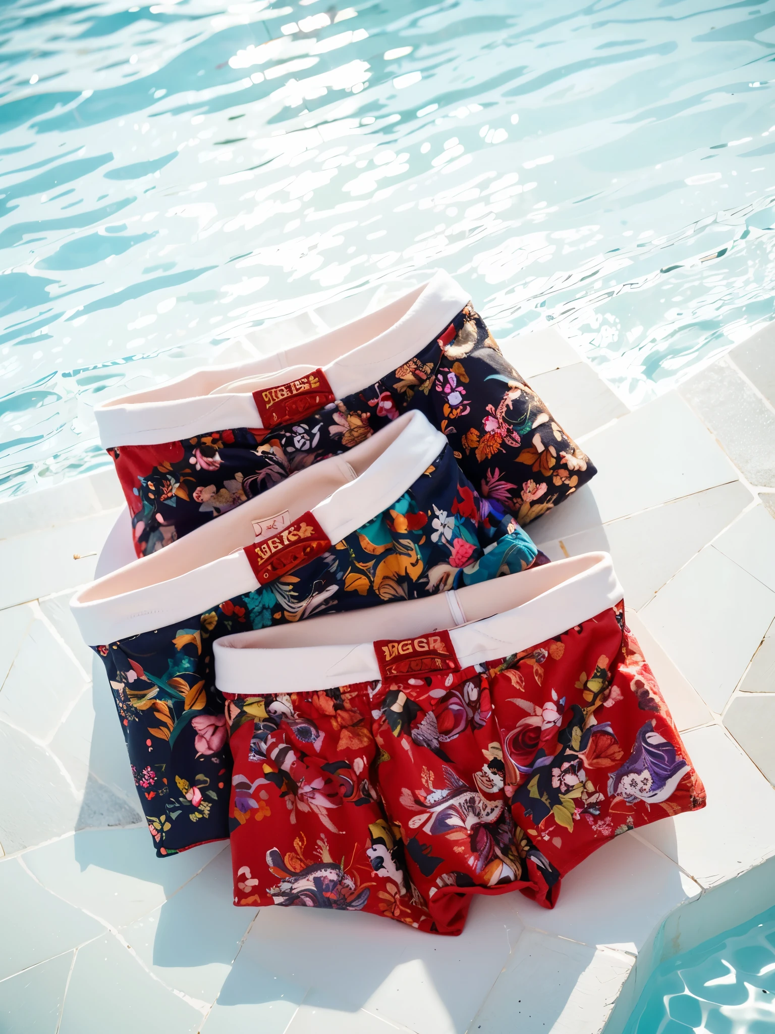 3 pairs of boxers,Place on the ground ( By the pool,juice) ,Tile,top view,Vision,background bokeh