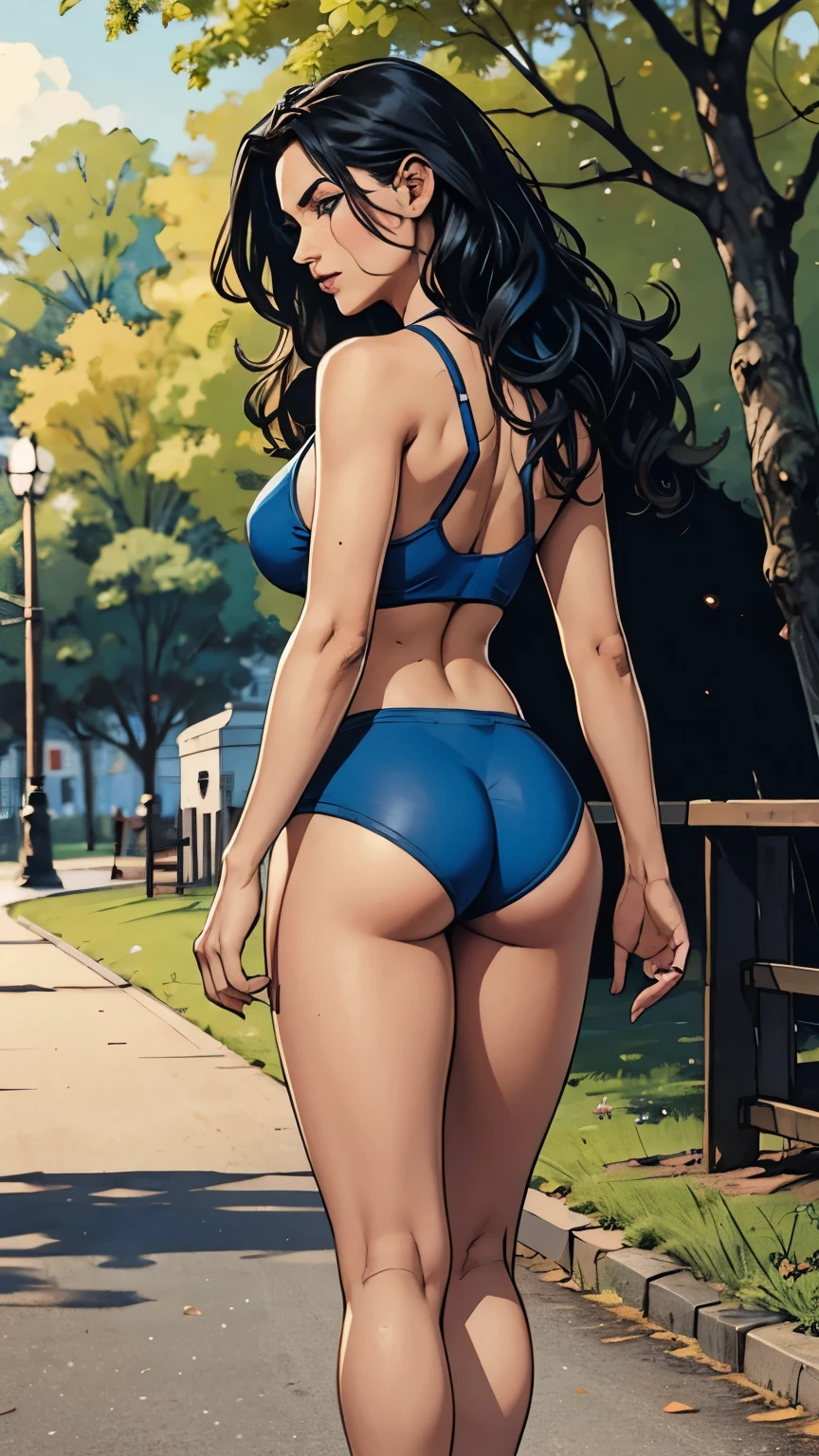 Caucasian woman, blue eyes, blue-black hair, wavy hair, long hair, athletic body, blue lycra shorts, white top, pronounced nipples, blue sports shoes, walks in the park, park with many people, emphasis on the buttocks, Take from behind.