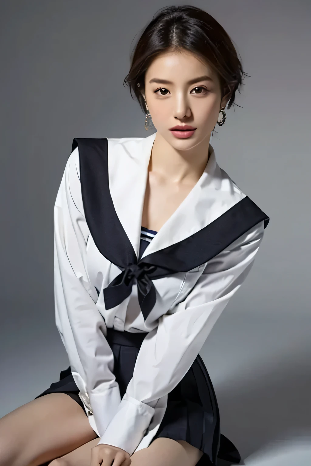 (highest quality,8K,masterpiece),studio photography,
Very beautiful Japan models,fine skin,realistic skin, lip gloss,rouge,
very short hair,pixie cut,
School_uniform, big earrings,costume,sailor suit,sailor uniform,
big breasts,thighs,
skirt, white shirt, big breasts,emphasize cleavage,
gray background