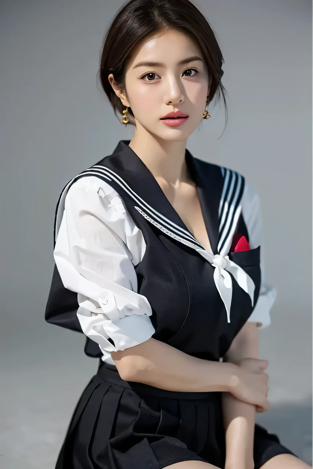 (highest quality,8K,masterpiece),studio photography,
Very beautiful Japan models,fine skin,realistic skin, lip gloss,rouge,
very short hair,pixie cut,
School_uniform, big earrings,costume,sailor suit,sailor uniform,
big breasts,thighs,
skirt, white shirt, big breasts,emphasize cleavage,
gray background