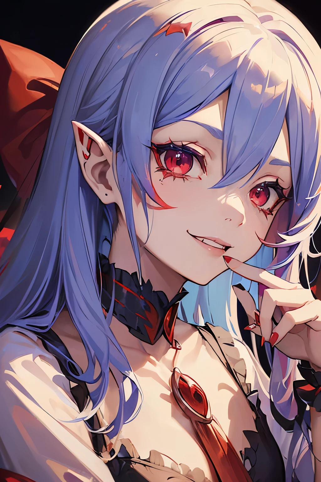 (((Remilia Scarlet))), (bat wings), (vampire), long hair, (((blue hair))), ((permanent)), ((((face close-up)))), ((jacket, tight shirt)), smile,,