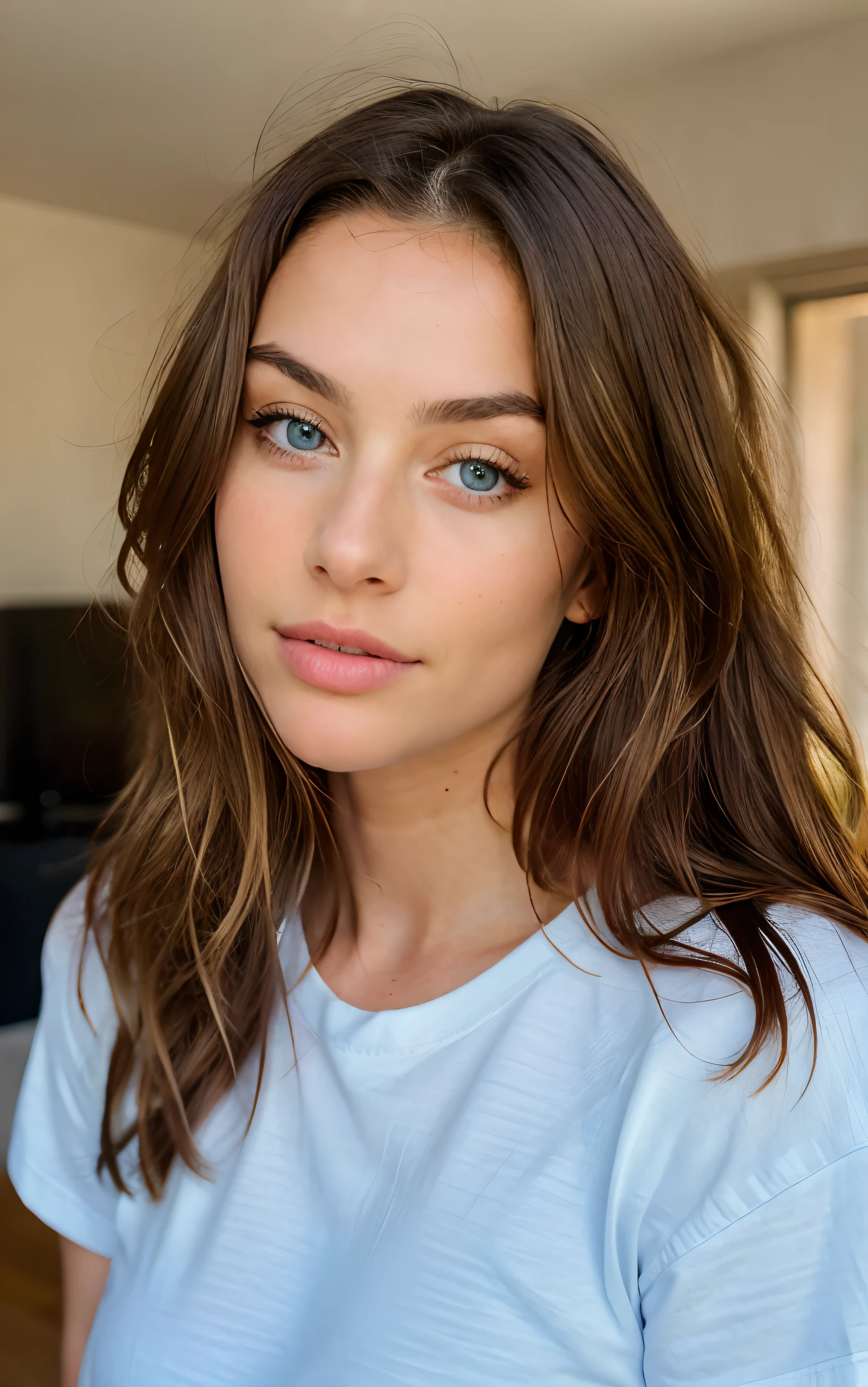 Morena bonita com destaques loiros vestindo uma camiseta (em casa), altamente detalhado, 22 anos de idade, , peitos, rosto inocente, cabelos ondulados naturais, olhos azuis, high resolution, obra de arte, melhor qualidade, detalhes altos e intrincados, altamente detalhado, sharp focus, pele detalhada, realistic skin textura, textura, olhos detalhados, profissional, 4k, sorriso charmoso, filmado em Canon, 85mm, profundidade superficial de campo, Kodak Vision Colors, corpo em forma perfeita , extremamente detalhado, fotografia_\(ultra\), fotorrealista, realista, post-processing, Maximum details, rugosidade, Vida real, ultra realista, fotorrealismo, fotografia, 8K Ultra HD, fotografia, peituda