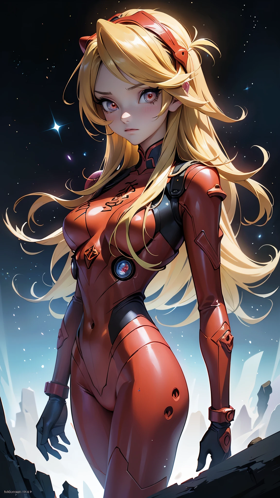 (calidad)), ((obra maestra)), (Overhead view),dynamic angle,ultra-detailed, illustration, close-up, straight on, 1girl, 
 ((souryuu asuka langley, interface headset, red bodysuit 2.1) , blonde)),Her eyes shone like dreamy stars,(glowing eyes:1.233),(beautiful and detailed eyes:1.1),(expressionless,closed mouth),(standing),
(piedras grandes:1.2),dreamy, [[delicate fingers and hands:0.55]::0.85],(detail fingers),, (fondo azteca en ruinas planta carnívora 2.1), (ciberpunk 2.1) 