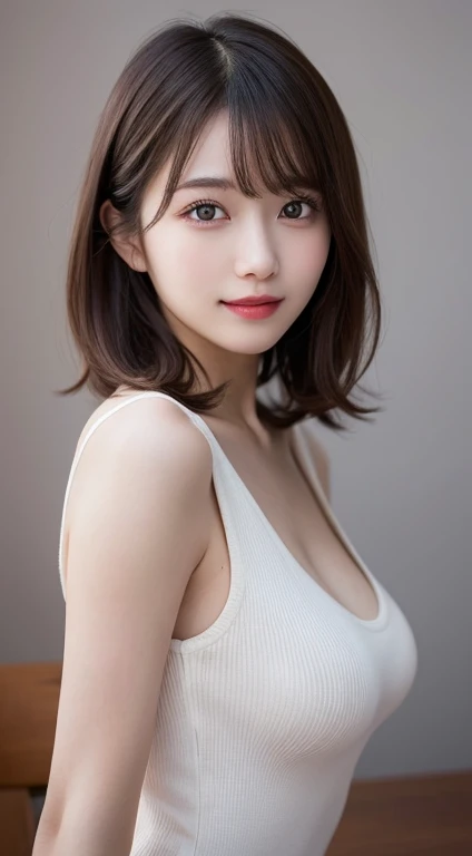 on the table, best quality, illustration, Super detailed, fine details, high resolution, 8k wallpaper, Perfect dynamic composition, Beautiful and delicate eyes, women's fashion,very short hair,Natural color lips for small breasts, Bold sexy pose,Smile,Harajuku、20 year old girl、Lovely、Sexy shot looking at camera