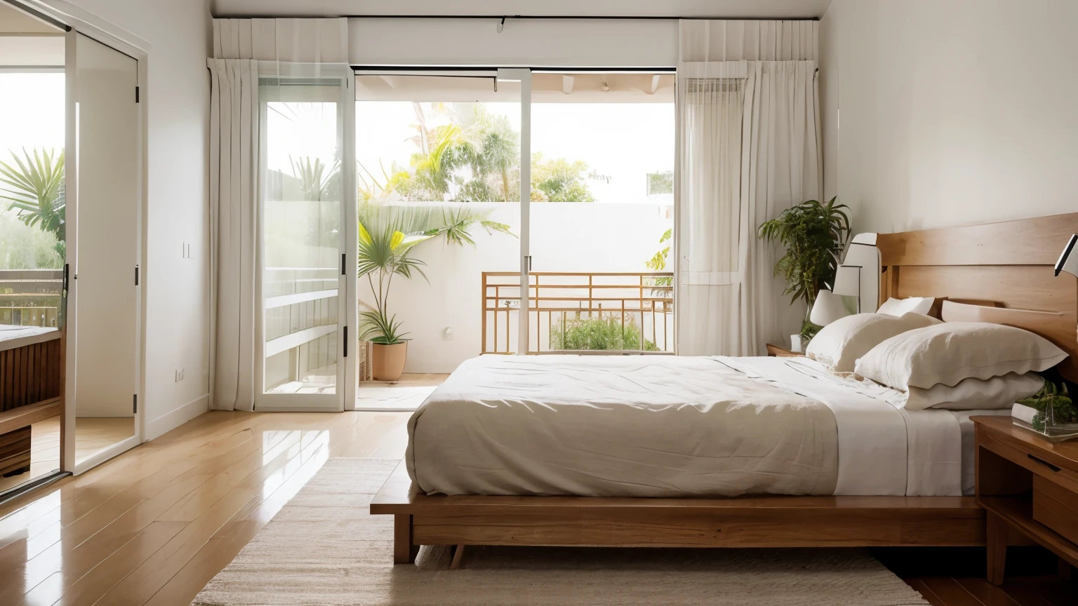 ultra realistic image of a white bedroom, with a bed with raw linen fabric and rug, view of a garden with a plant called guiaimbe. bedside table modern design, wooden bed headboard Glass doors that integrate the environments, photography side of bed architecture, Brazilian architecture, modernist bedroom